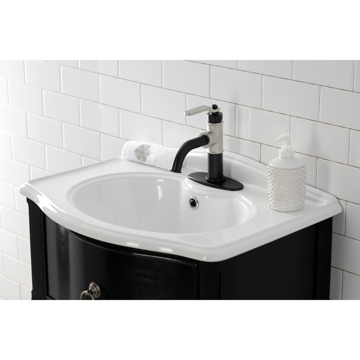 Whitaker Single-Handle 1-Hole Deck Mount Bathroom Faucet and Deck Plate in Matte Black/Polished Nickel