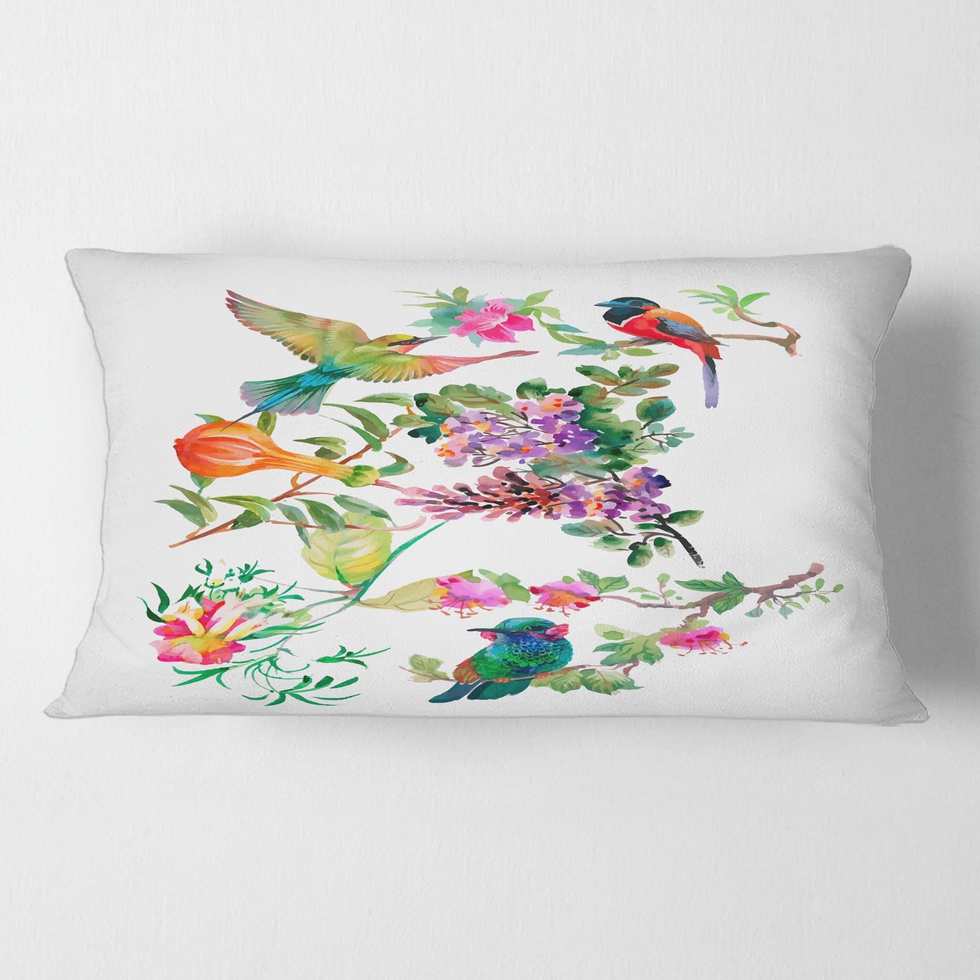 Designart 'Tropical Flowers and Colourful Birds II' Traditional Printed Throw Pillow