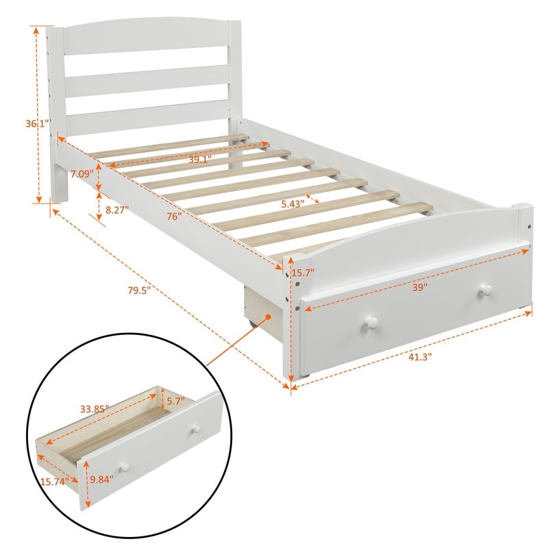 Twin Bed Platform with Storage Drawer and Wood Slat Support,White