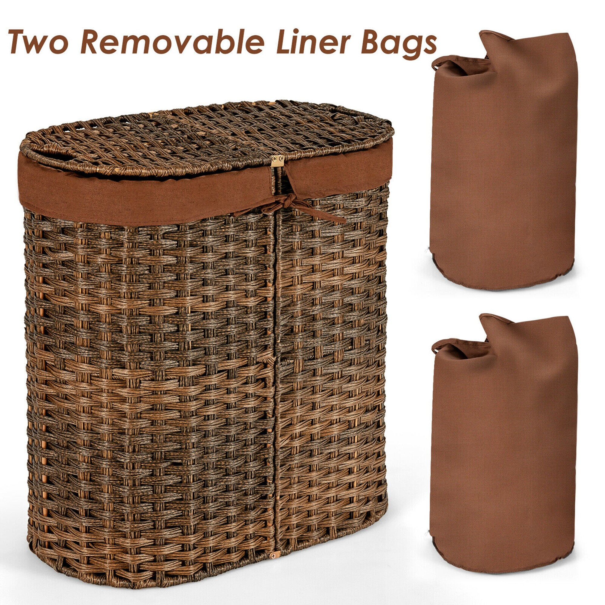 Gymax Handwoven Laundry Hamper Laundry Basket w/2 Removable Liner Bags - 24'' x 13.5'' x 24.5''