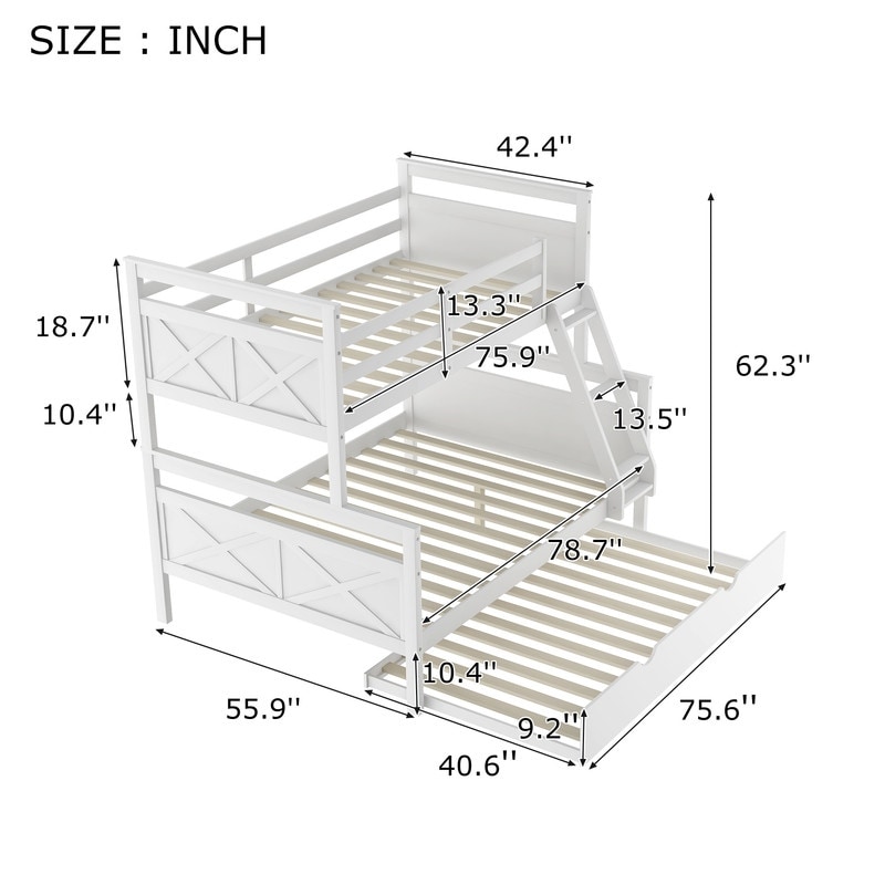 Twin Over Full Bunk Bed with Ladder, Trundle & Safety Guardrail, White