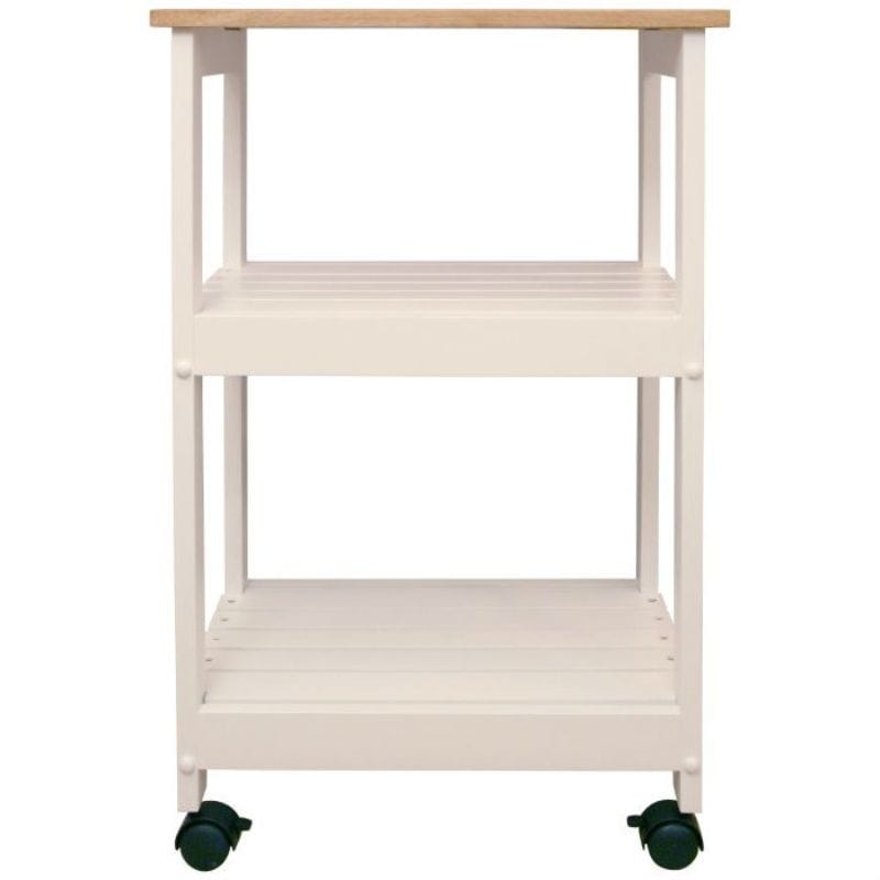 White Kitchen Microwave Cart with Butcher Block Top & Locking Casters - 34.25" H x 21" W x 15.25" D