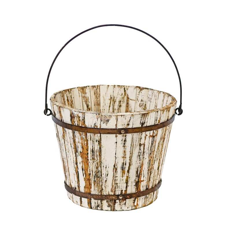 Rustic Arrow White Washed Wooden Bucket for Decor - 17.5in L x 17.5in W x 10in H
