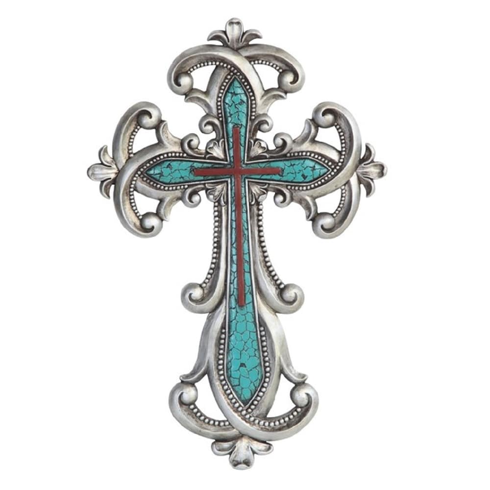 Q-Max 16"H Decorative Wall Cross with Turquoise Religious Statue Home Decoration Figurine
