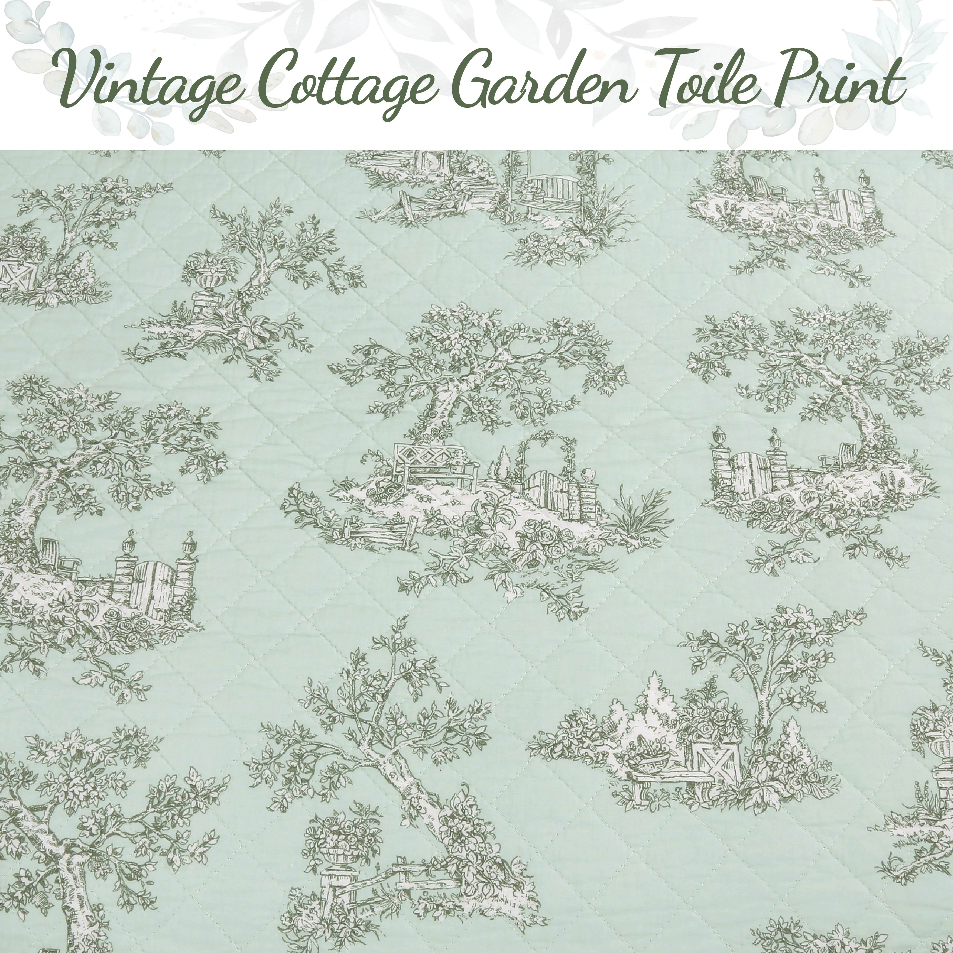 Cozy Line Vintage Cottage Garden Toile Mint Green Cotton Quilt Bedding Set