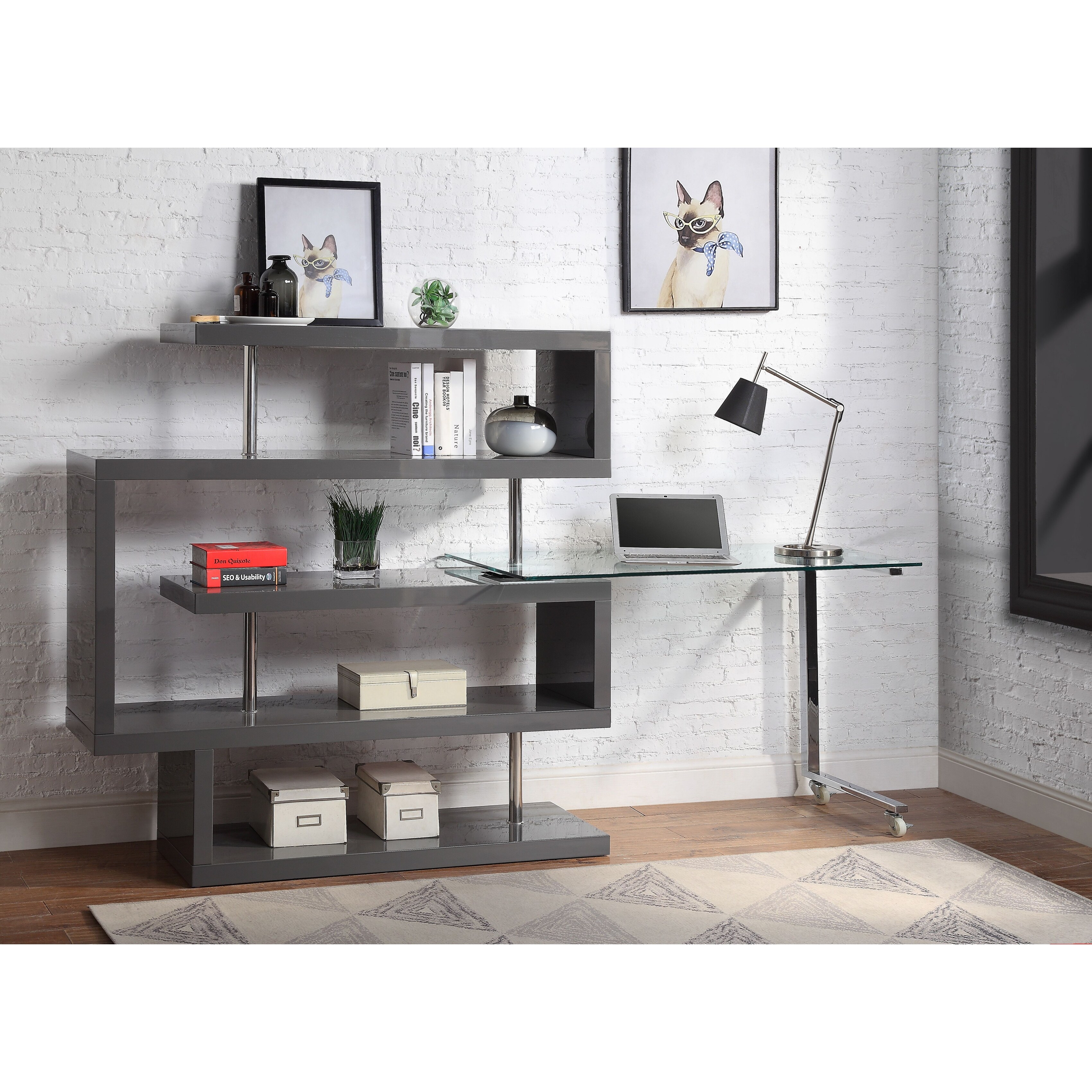 Computer Desk with 4 Open Compartment&Clear Glass Top, Grey & Chrome