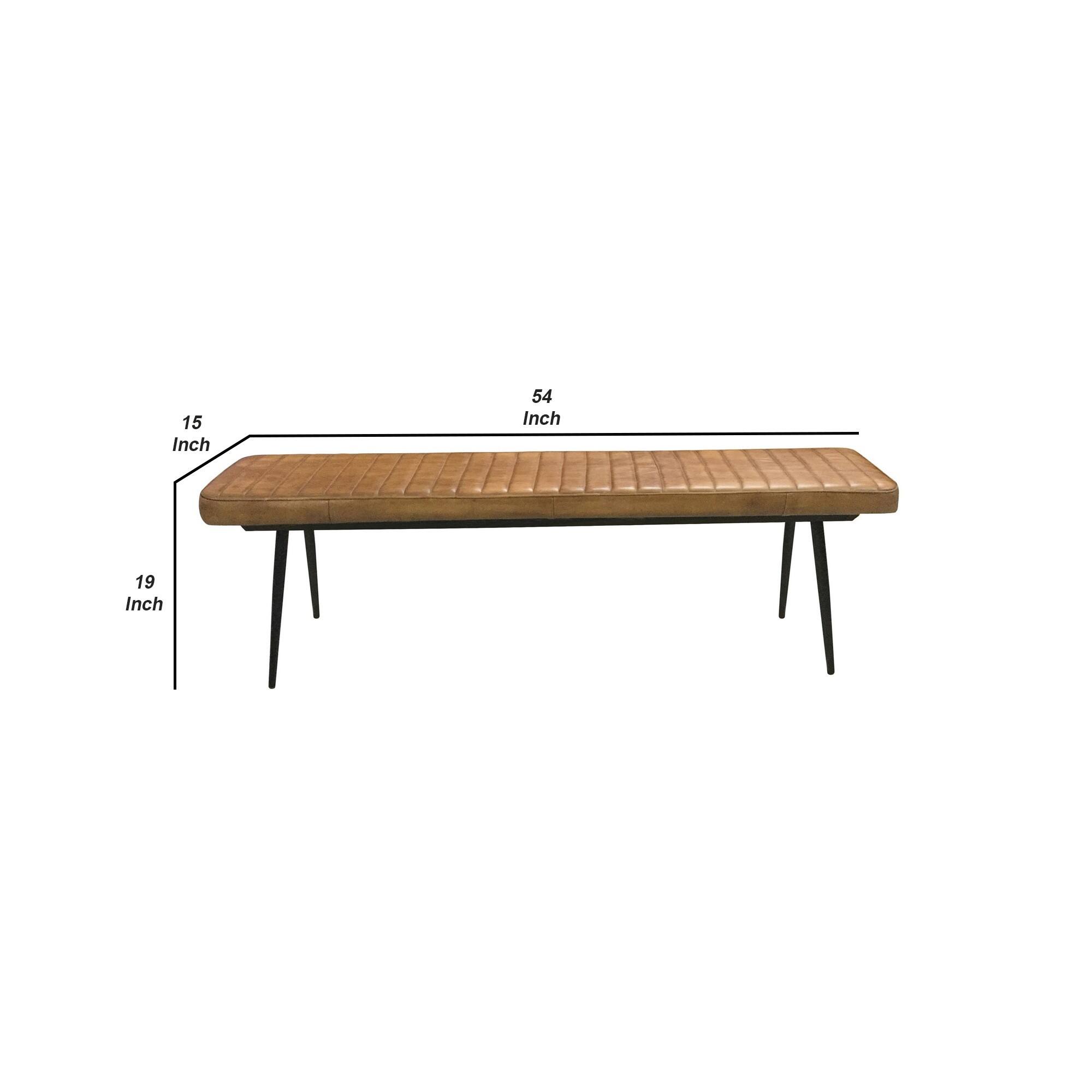 Bench with Tufted Leatherette Seat and Metal Legs, Brown