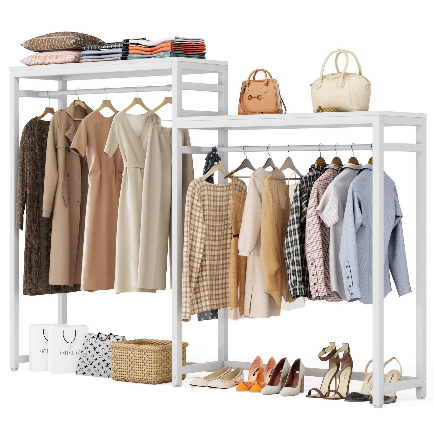 Heavy Duty Garment Racks Clothes Rack with Storage Shelves and Double Hanging Rod,Metal FreeStanding Closet Organizer