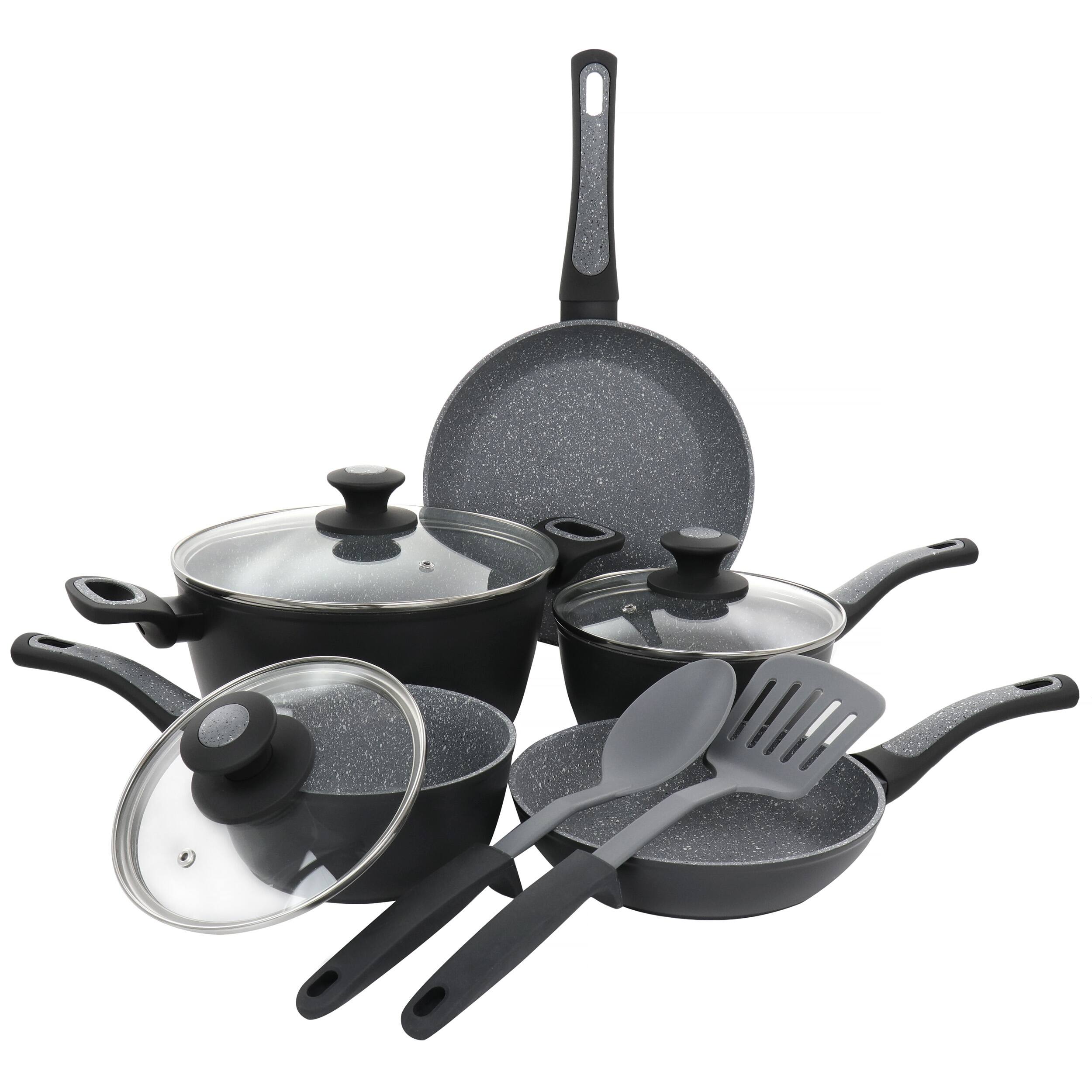 10 Piece Non-Stick Aluminum Cookware Set in Black and Grey Speckle