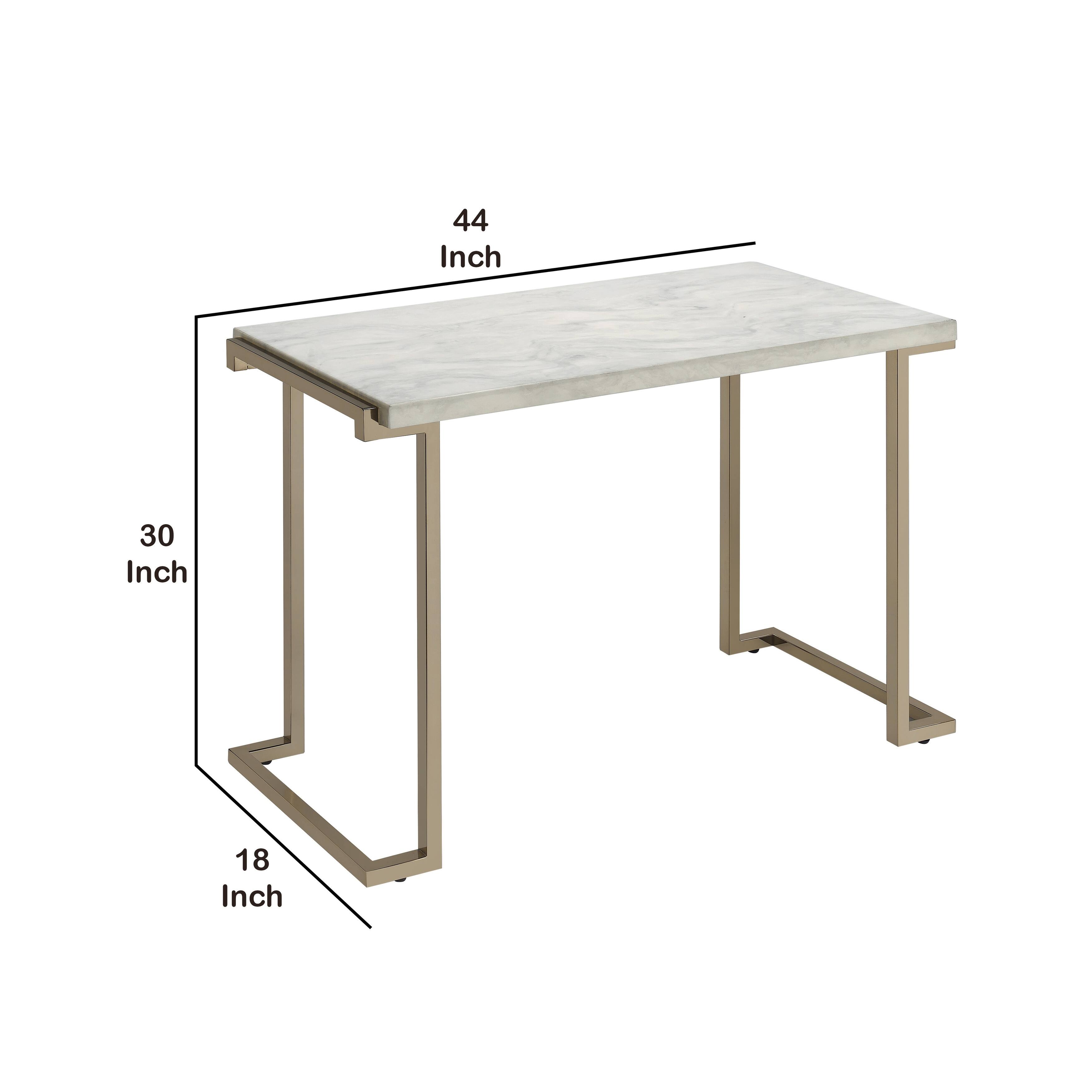 Contemporary Metal Frame Sofa Table with Faux Marble Top ,White and Gold - 30 H x 18 W x 44 L Inches