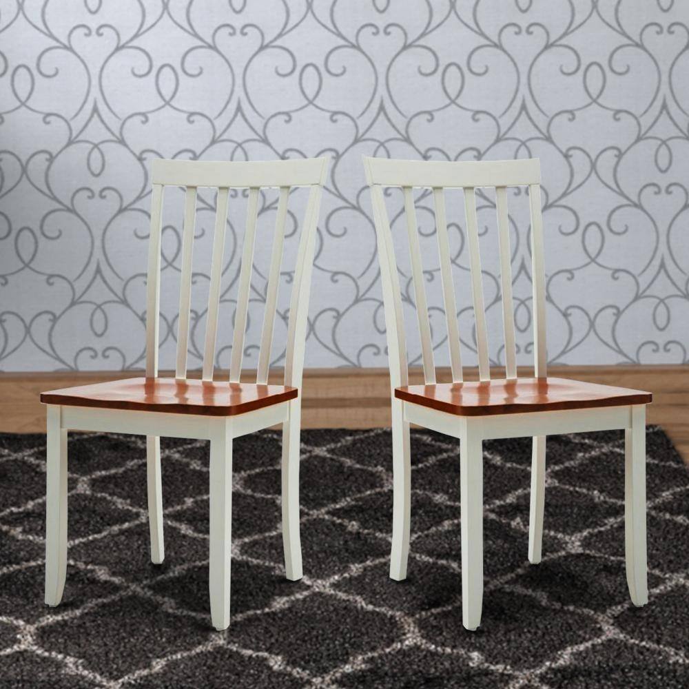 Wooden Seat Dining Chair with Slatted Backrest, Set of 2, Brown and White - 20 H x 37.5 W x 17 L Inches