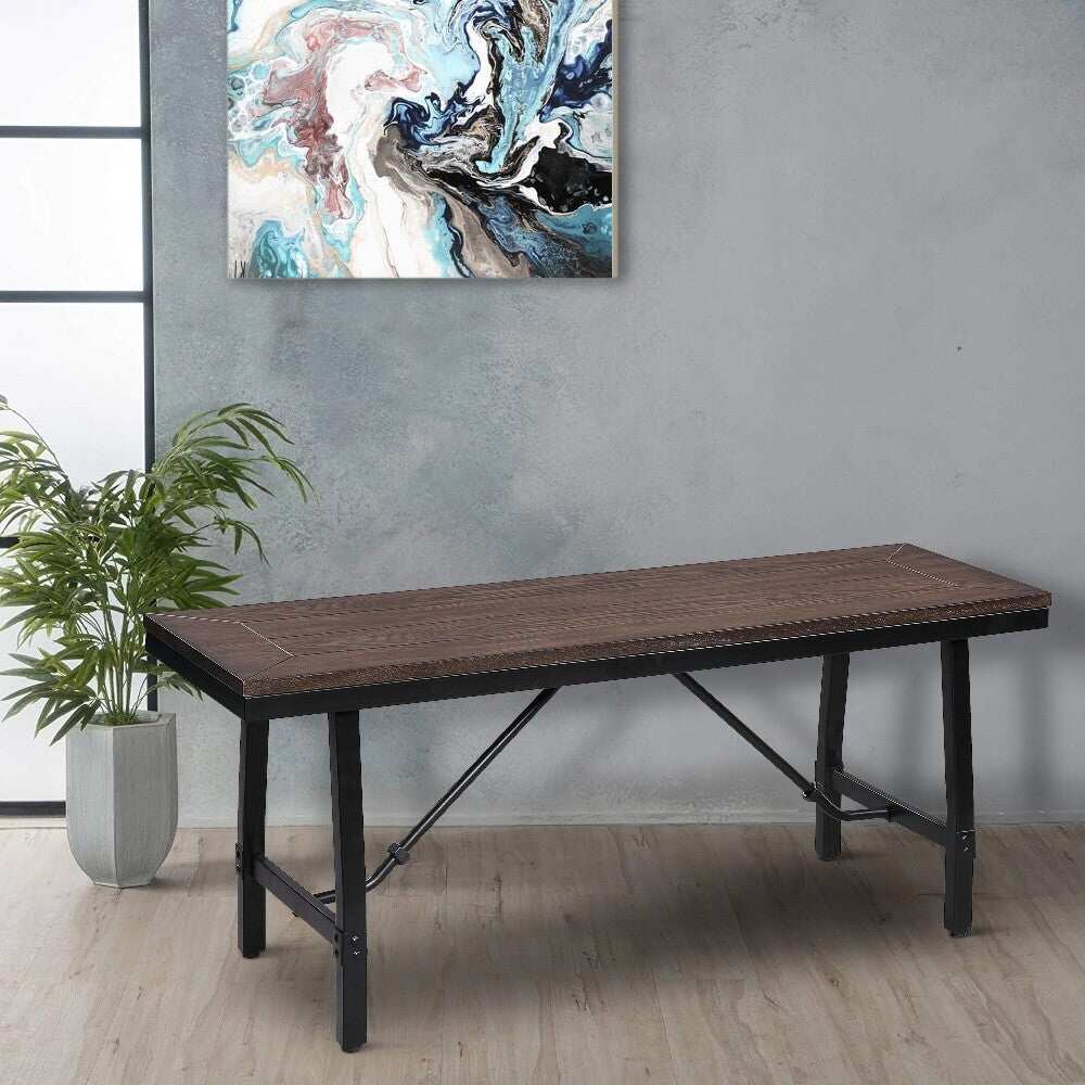 Industrial Wood and Metal Bench with Tube Leg Support, Brown and Black - 18 H x 46 W x 15 L Inches