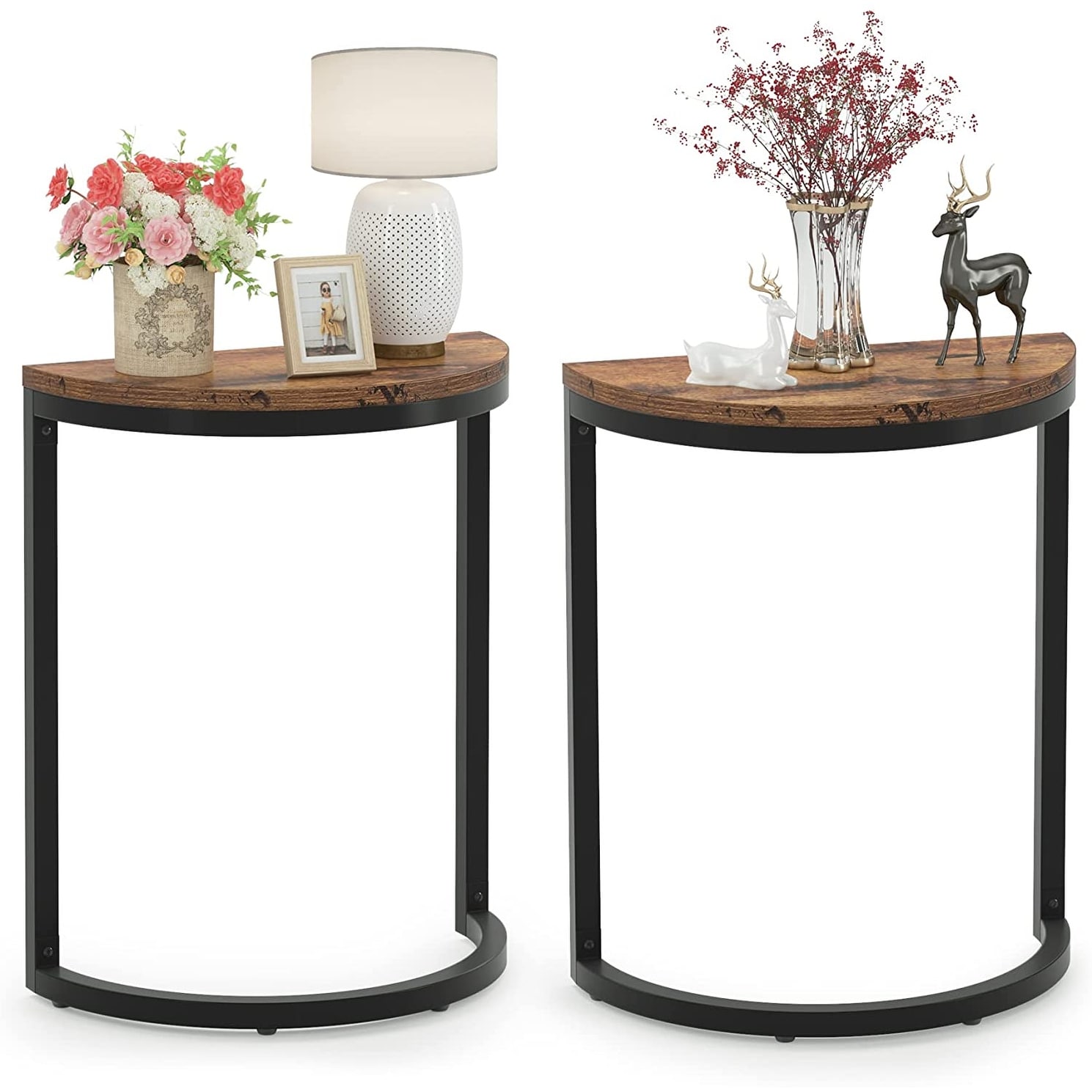 Narrow End Table Half Round with Metal Frame, Slim C Table
