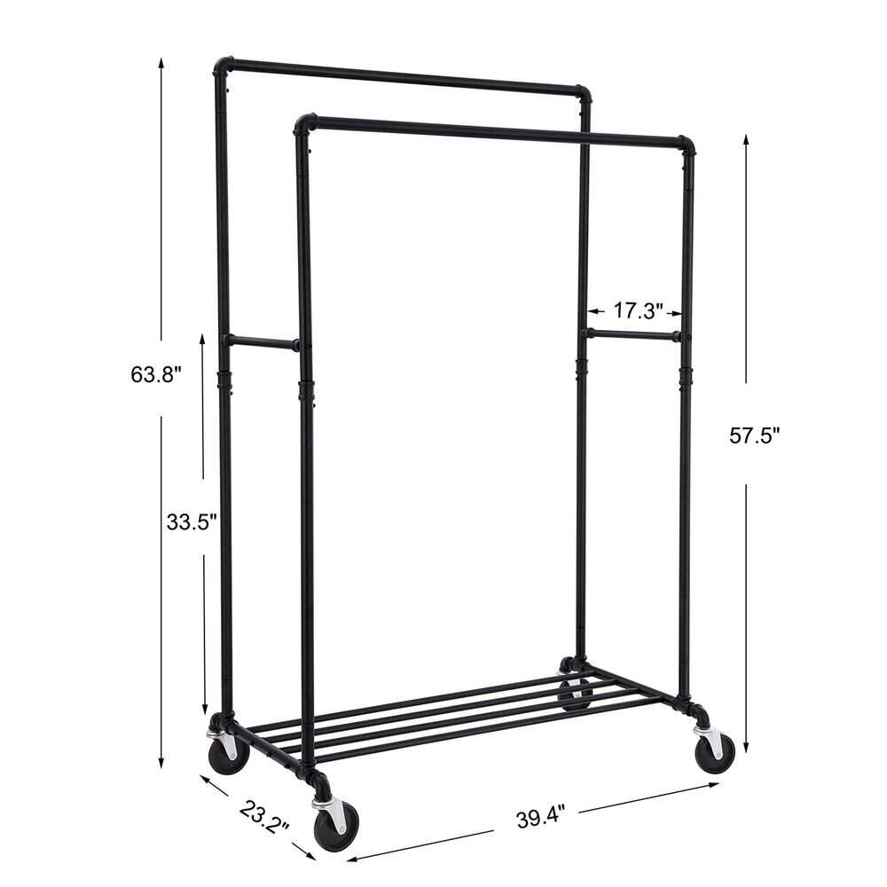 Industrial Pipe Clothes Rack Double Rail on Wheels with Clothing Hanging Rack Organizer for Garment Storage Display, Black
