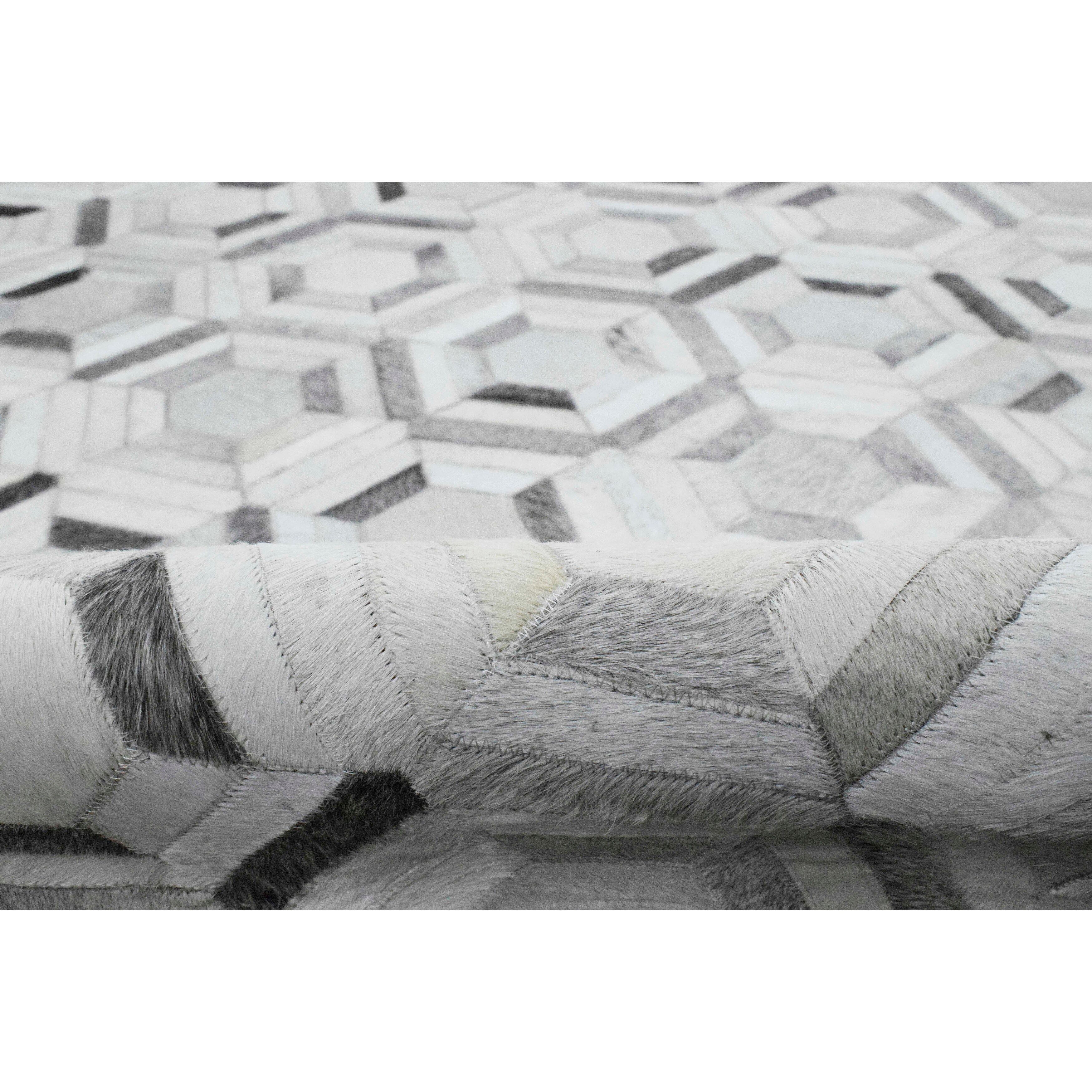 Ivory, Silver and Gray Geometric Patchwork Modern Leather Rug