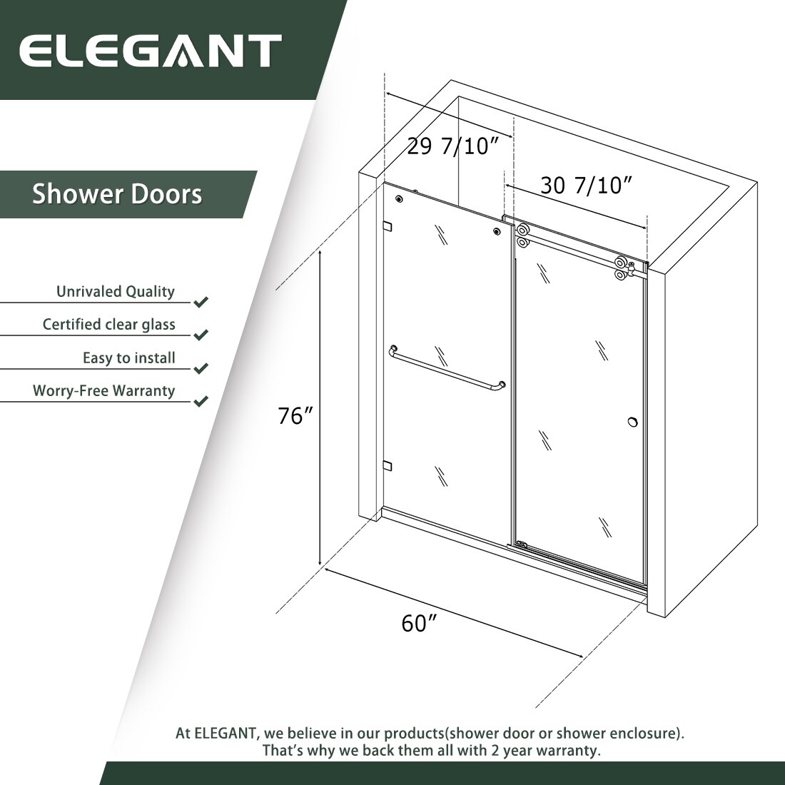 ELEGANT Frameless Sliding Shower Door Brushed Stainless Steel - 60'' x 76''