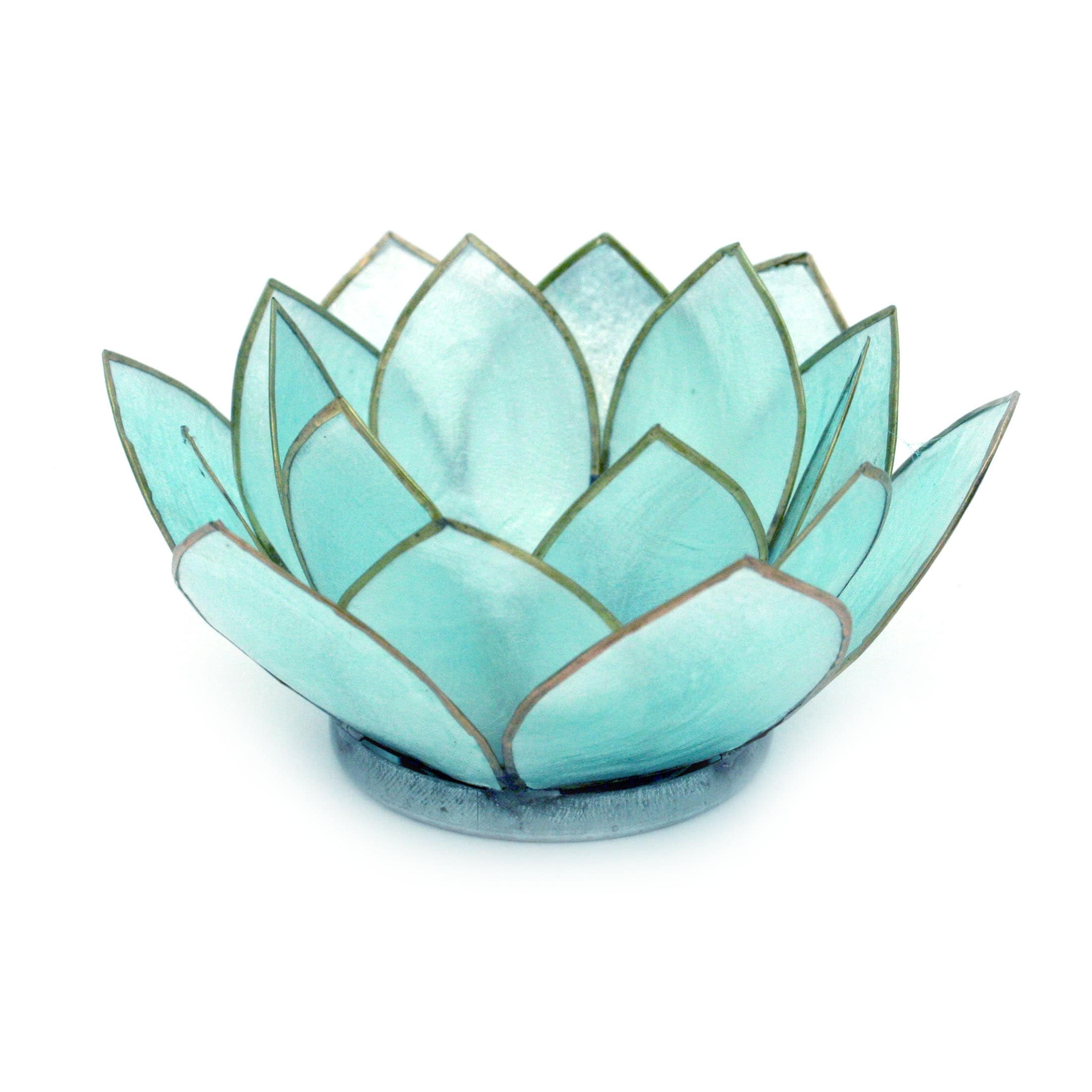 Blue Capiz Shell Blooming Lotus Flower Blossom Tealight Candle Holder - 2.25 X 4.5 X 4.25 inches