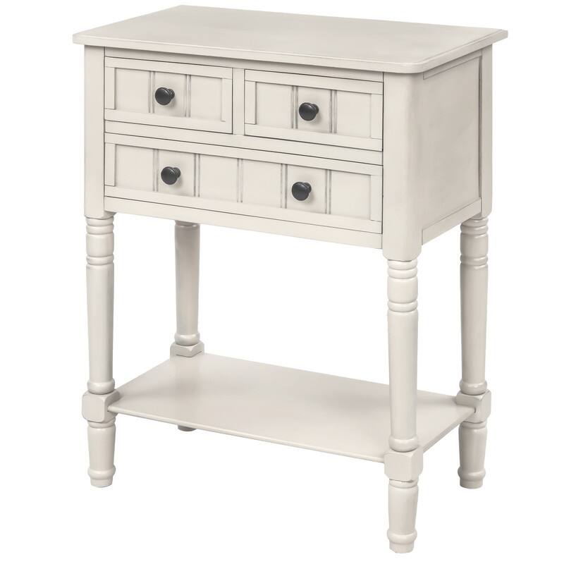 Console Table with Three Storage Drawers and Bottom Shelf,Ivory White