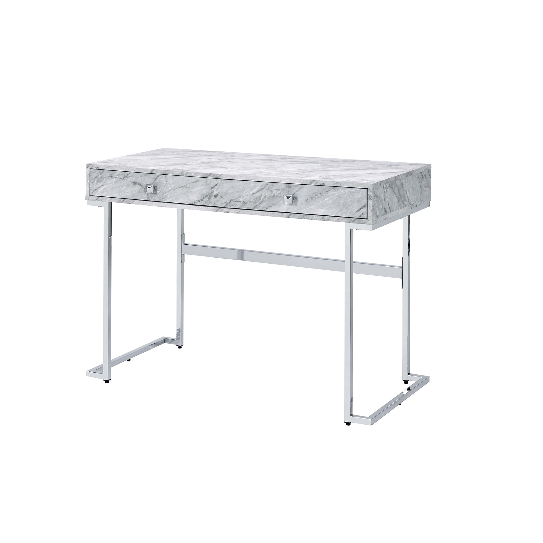 White Printed Faux Marble Writing Desk With 2 Drawers