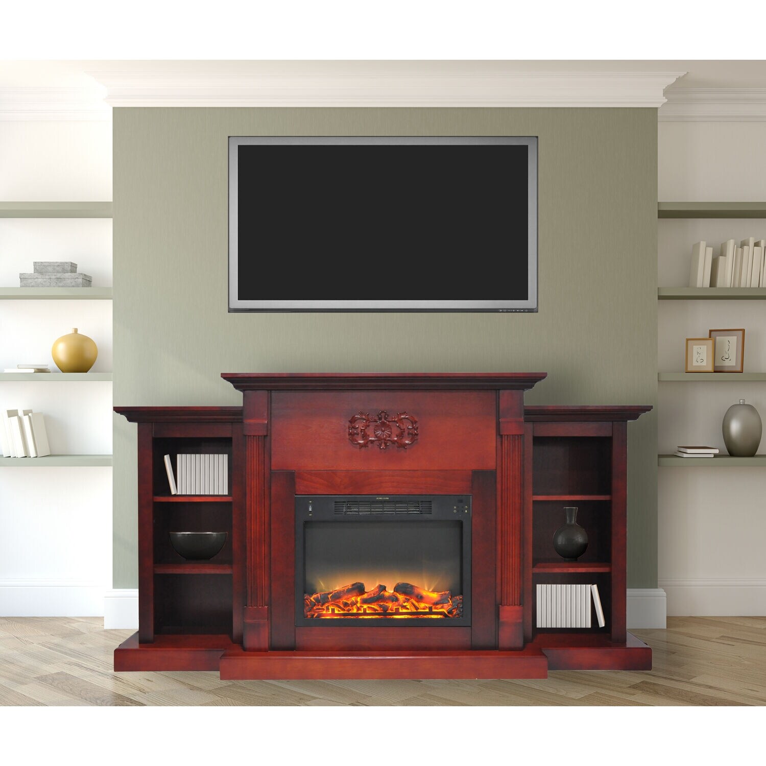 Hanover Classic 72 In. Electric Fireplace in Cherry with Bookshelves and Enhanced Log Display