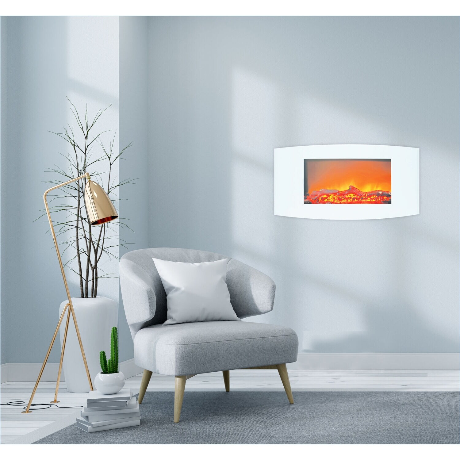 Hanover Fireside 35 In. Wall-Mount Electric Fireplace with White Curved Panel and Realistic Log Display