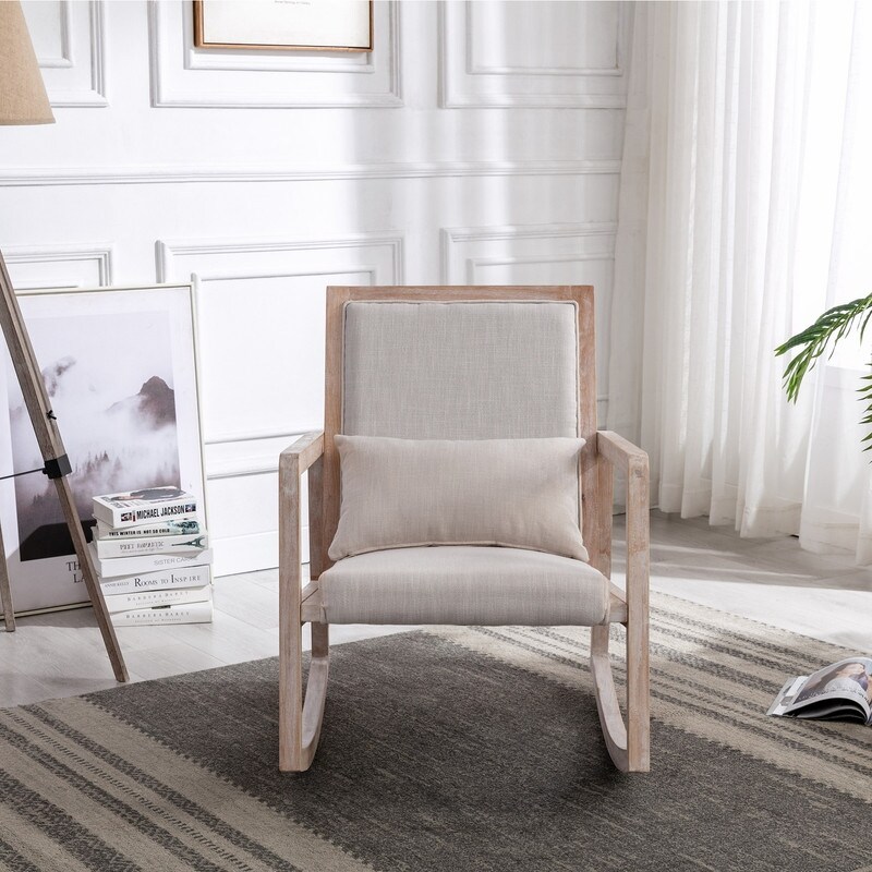 Solid Wood Linen Fabric Rocking Chair w/ Lumbar Pillow,Rocker Chair