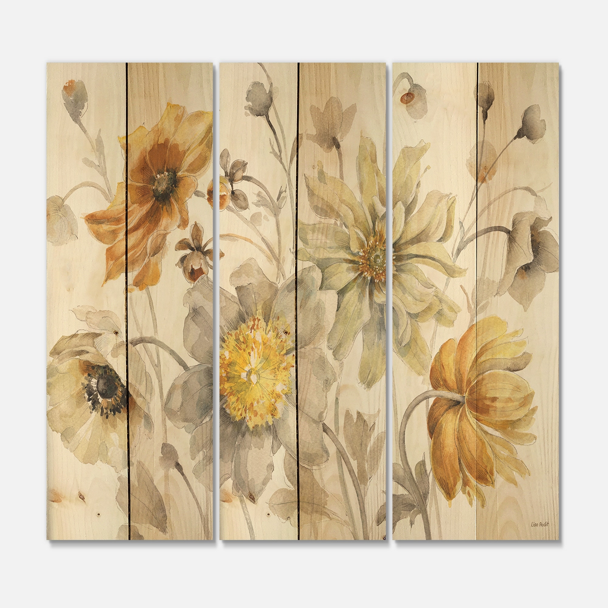 Designart 'Fields of Gold Watercolor Flower VII' Traditional Print on Natural Pine Wood - 3 Panels
