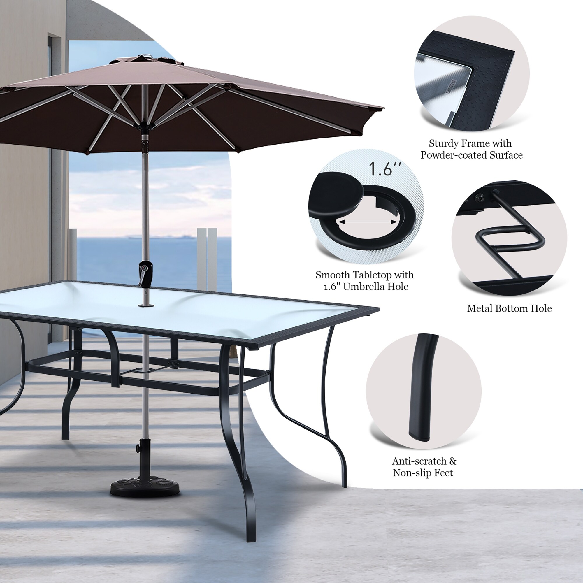 Costway 60''x 38'' Patio Dining Table Glass Top Rectangular Deck - See details