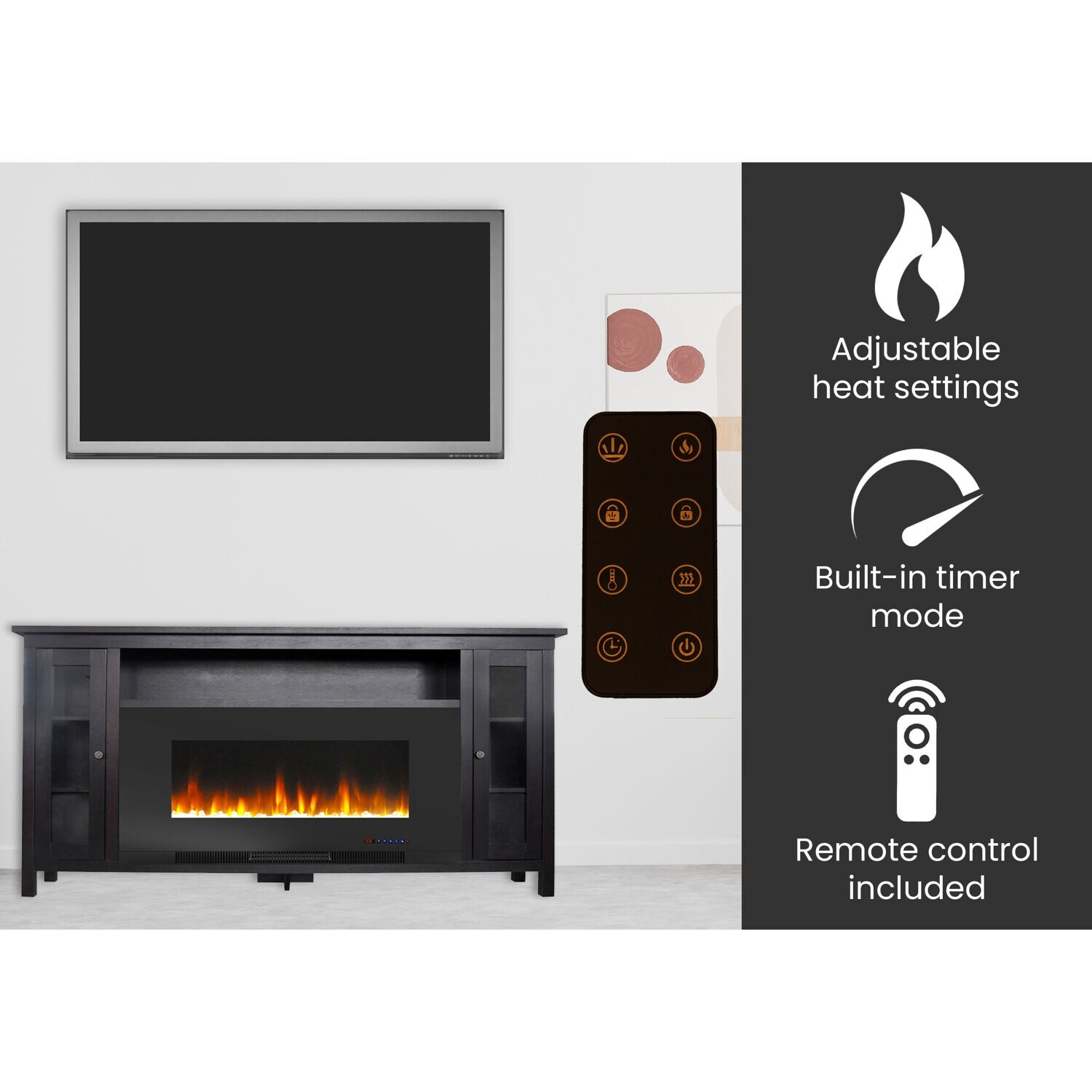 Hanover Brighton Electric Fireplace TV Stand and Color-Changing LED Heater Insert, Dark Coffee