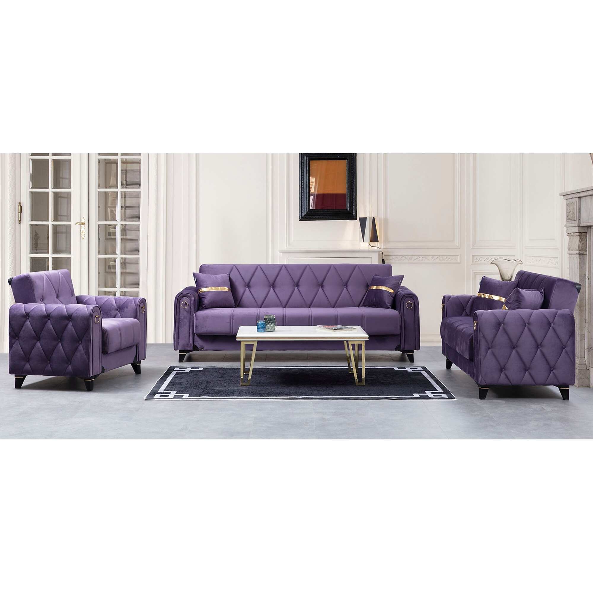 Nevada Modern Purple Velvet Upholstered Tufted Convertible Loveseat with Storage