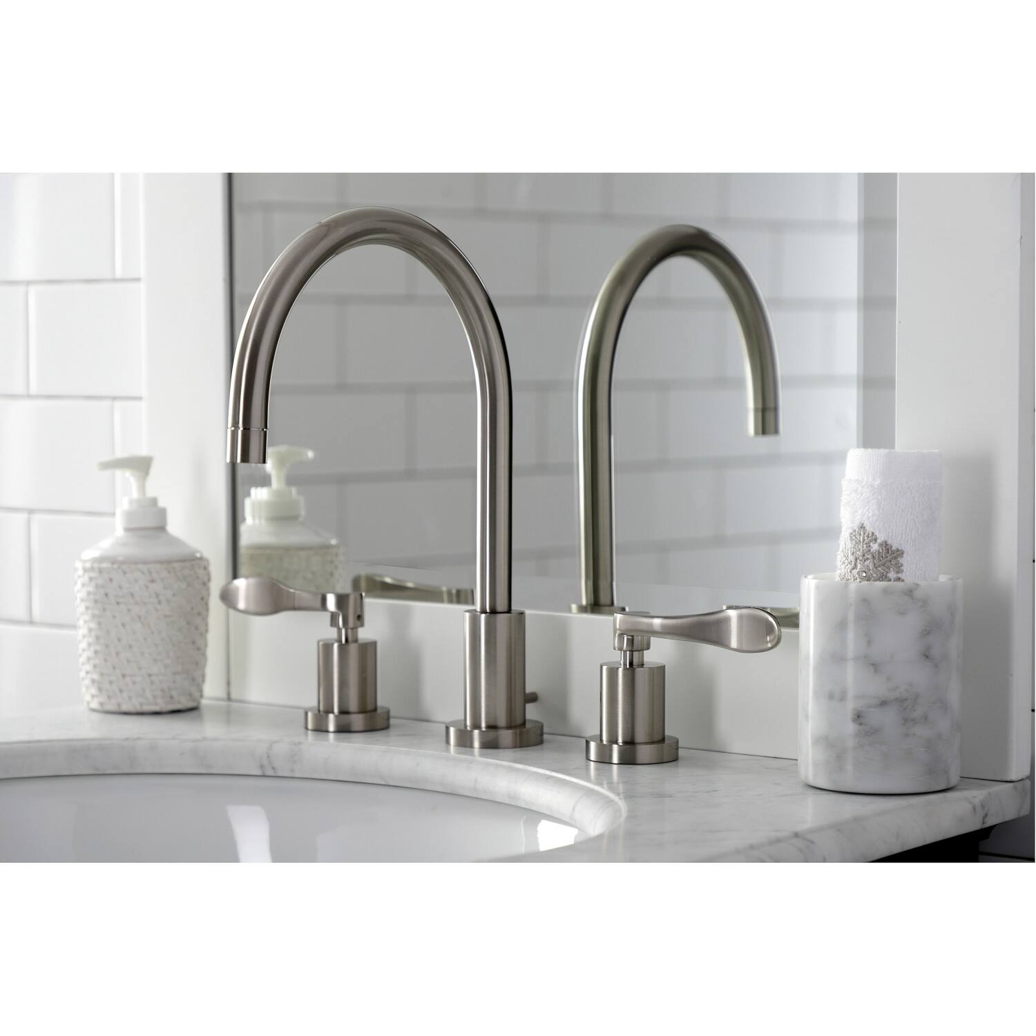 NuWave Deck Mount Widespread Bathroom Faucet with Brass Pop-Up