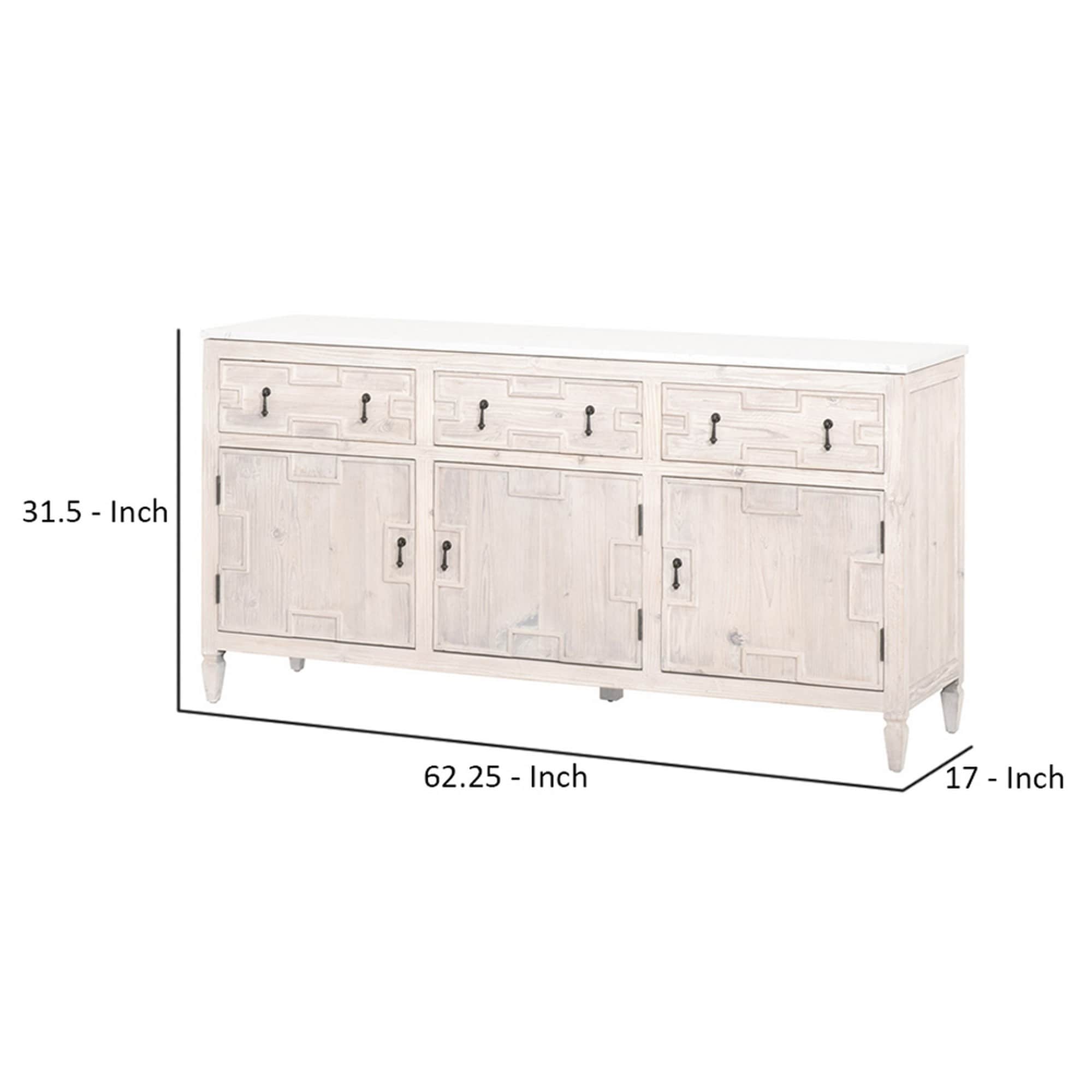 Media Sideboard with Molded Geometric Front and Quartz Top, White