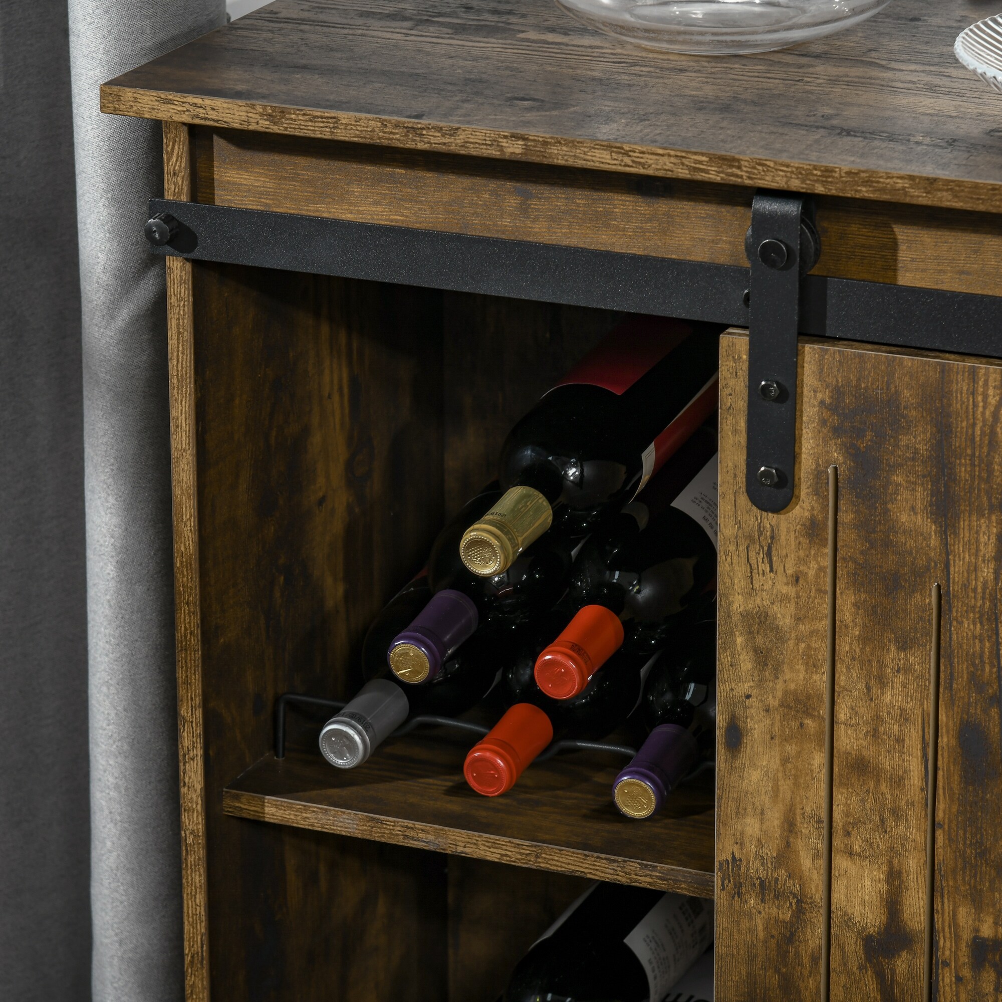 HOMCOM Industrial Sideboard Storage Cabinet, Serving Bar Buffet with Sliding Barn Door and 6-Bottle Wine Rack