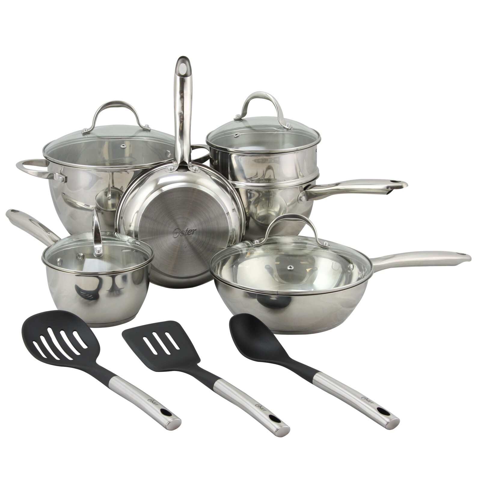 13 piece Stainless Steel Belly Shape Cookware Set in Silver Mirror Polish with Hollow Handle