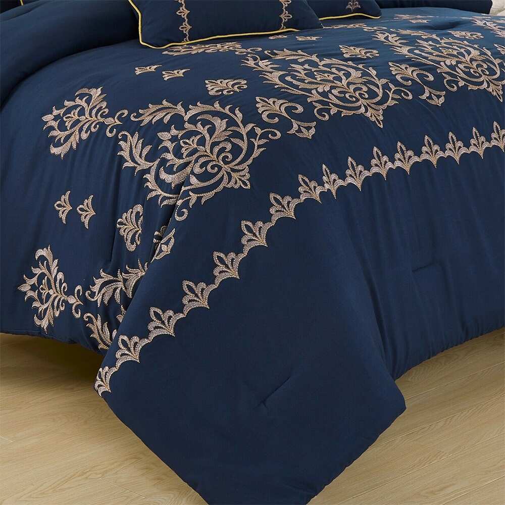 7 Piece Comforter Embroidered Design Microfiber Cal King Dark Blue