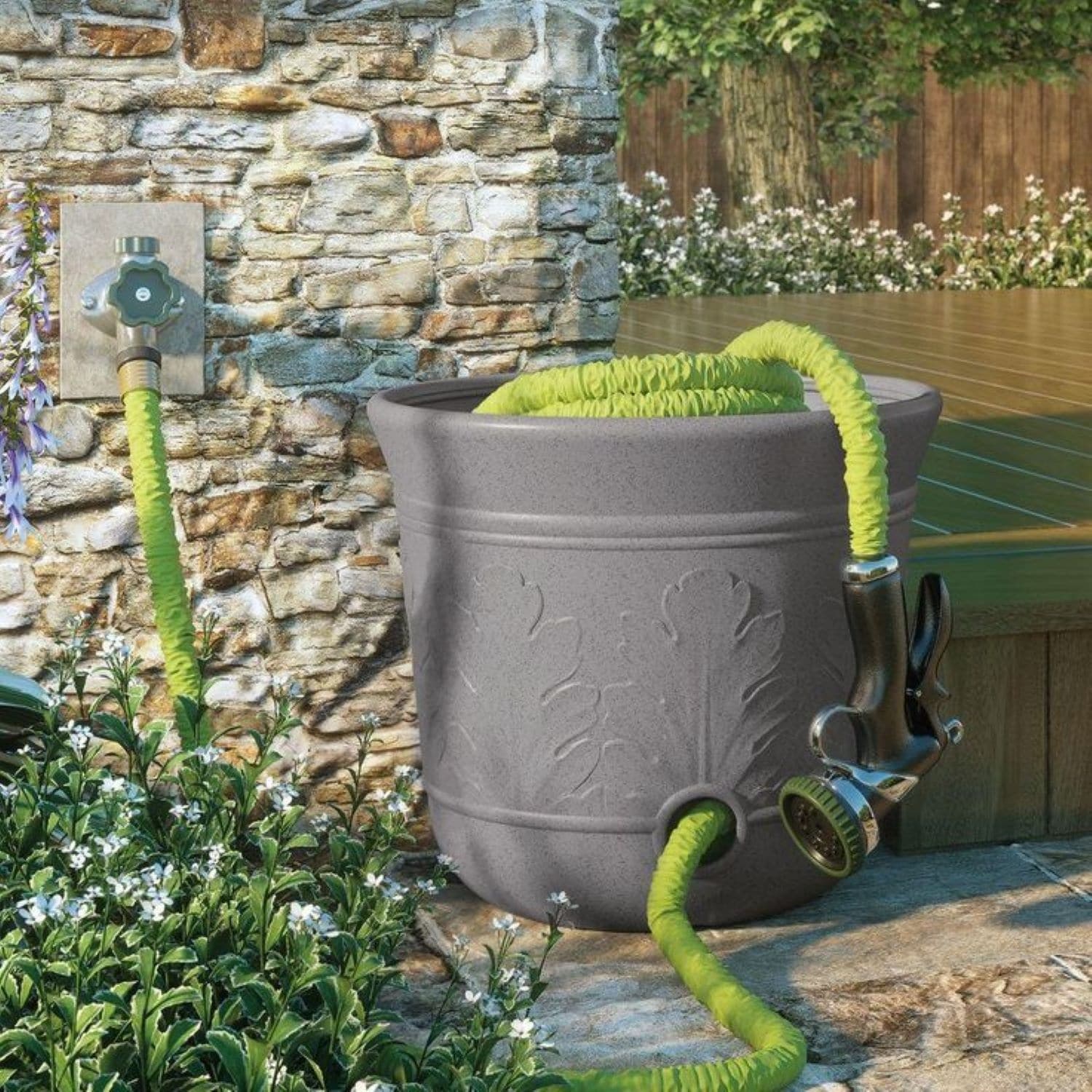 Suncast 300 Foot Heavy Duty 5 Gallon Decorative Expandable Garden Hose Pot, Gray - 1