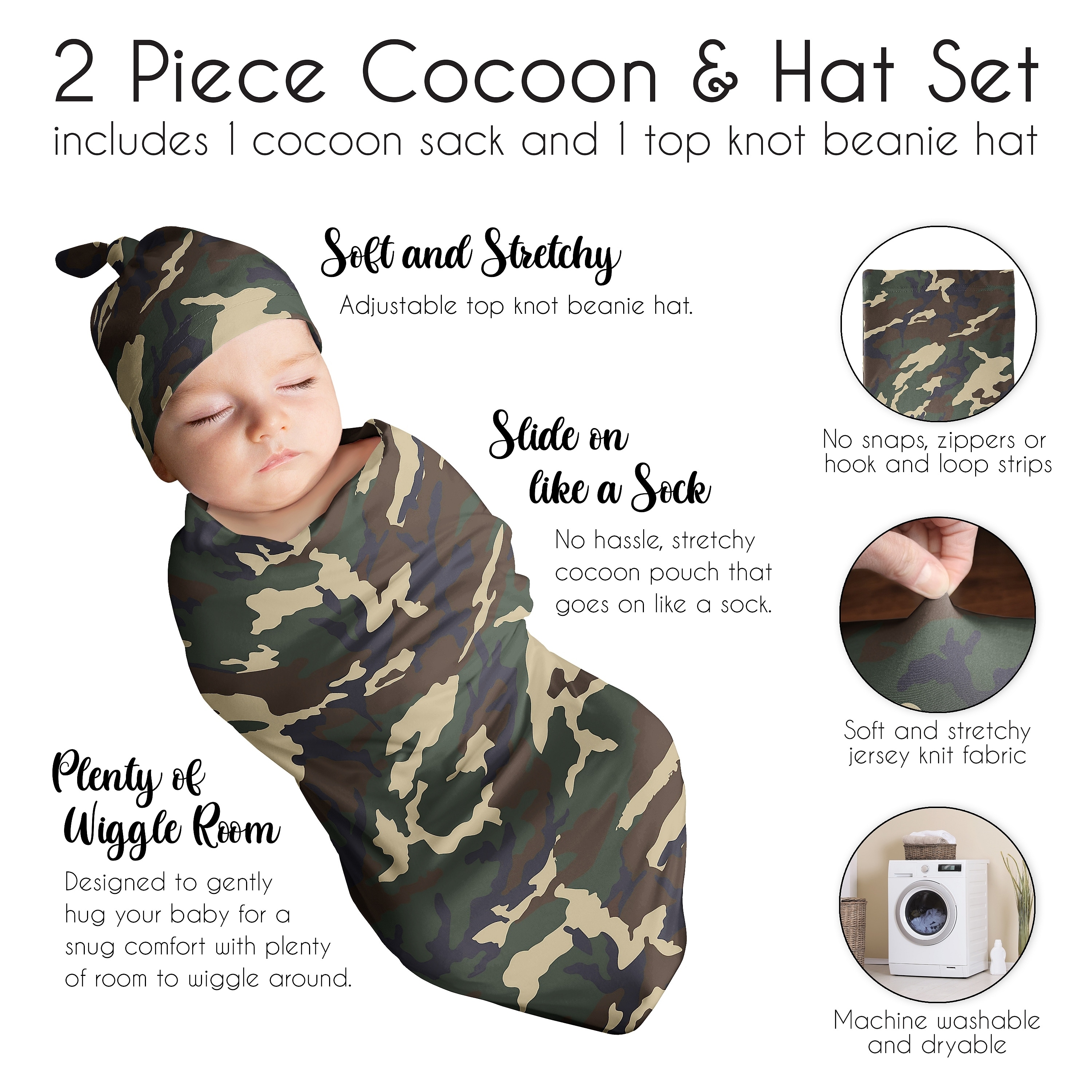 Woodland Camo Collection Boy Baby Cocoon and Beanie Hat Sleep Sack - 2pc Set - Beige, Green and Black Rustic Forest Camouflage