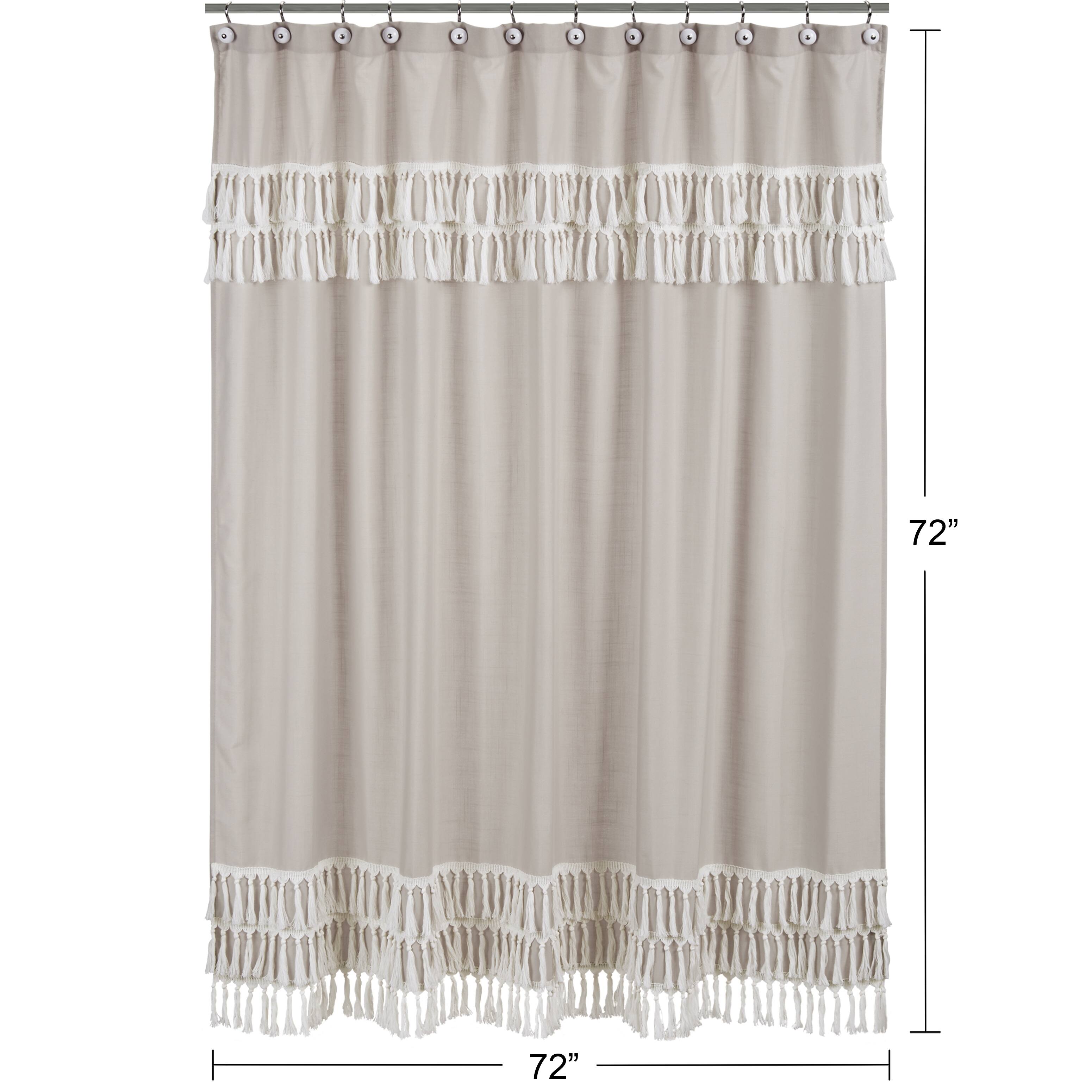 Boho Bohemian Bathroom Fabric Bath Shower Curtain - Solid Taupe Beige Ivory Cream Linen Farmhouse Shabby Chic Fringe Neutral