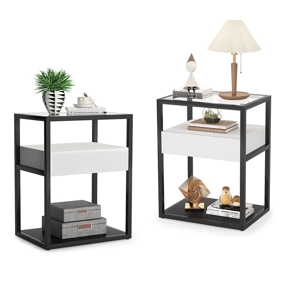 Nightstand with Glass Top and Drawer, 27.5" H