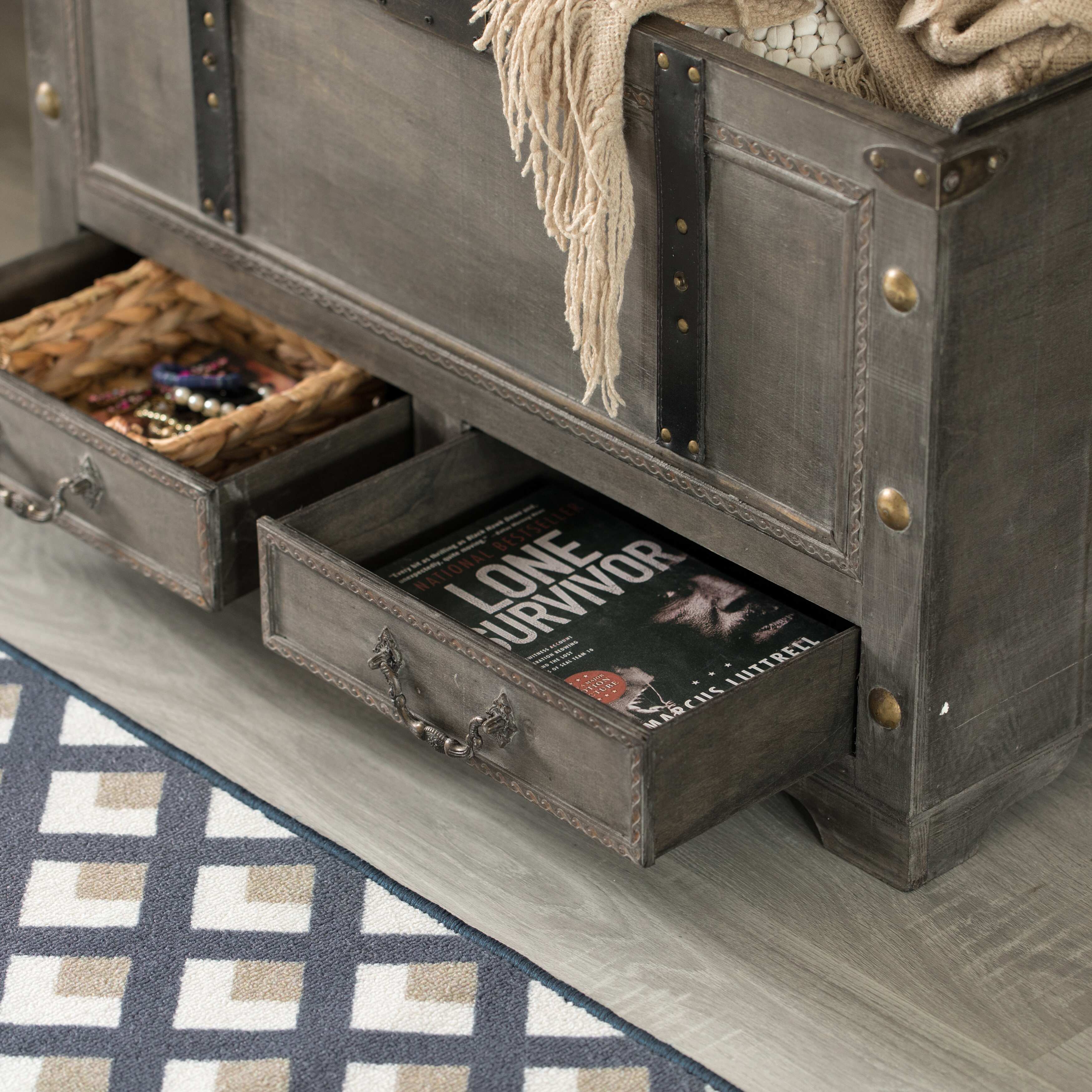 Large Grey Storage Trunk Chest With Drawer Organizer and Handles for Easy Moving