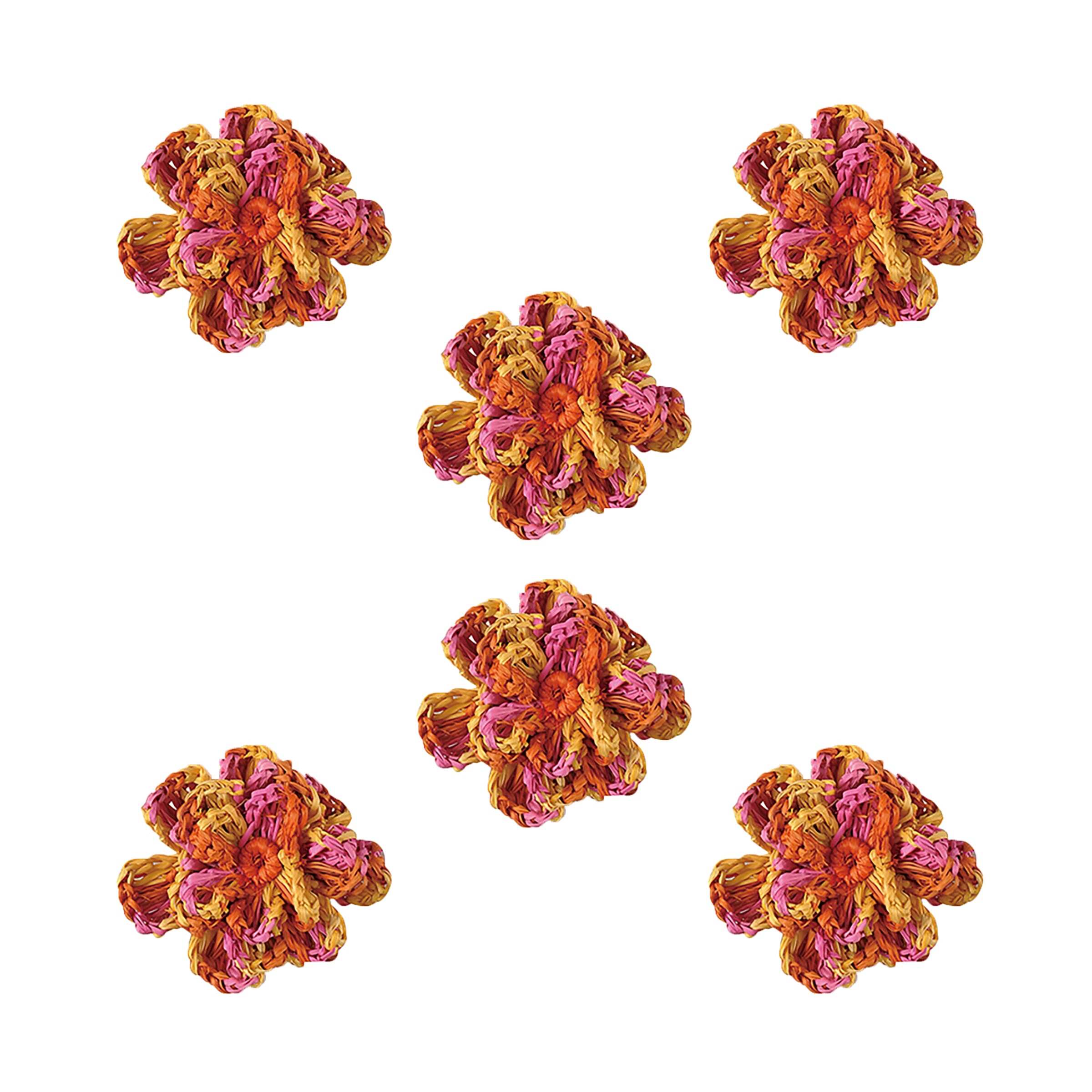 Coral/Orange Crochet Flower Spring Easter Summer Fiesta Hand Crafted Napkin Ring Set of 6 - 1.5"
