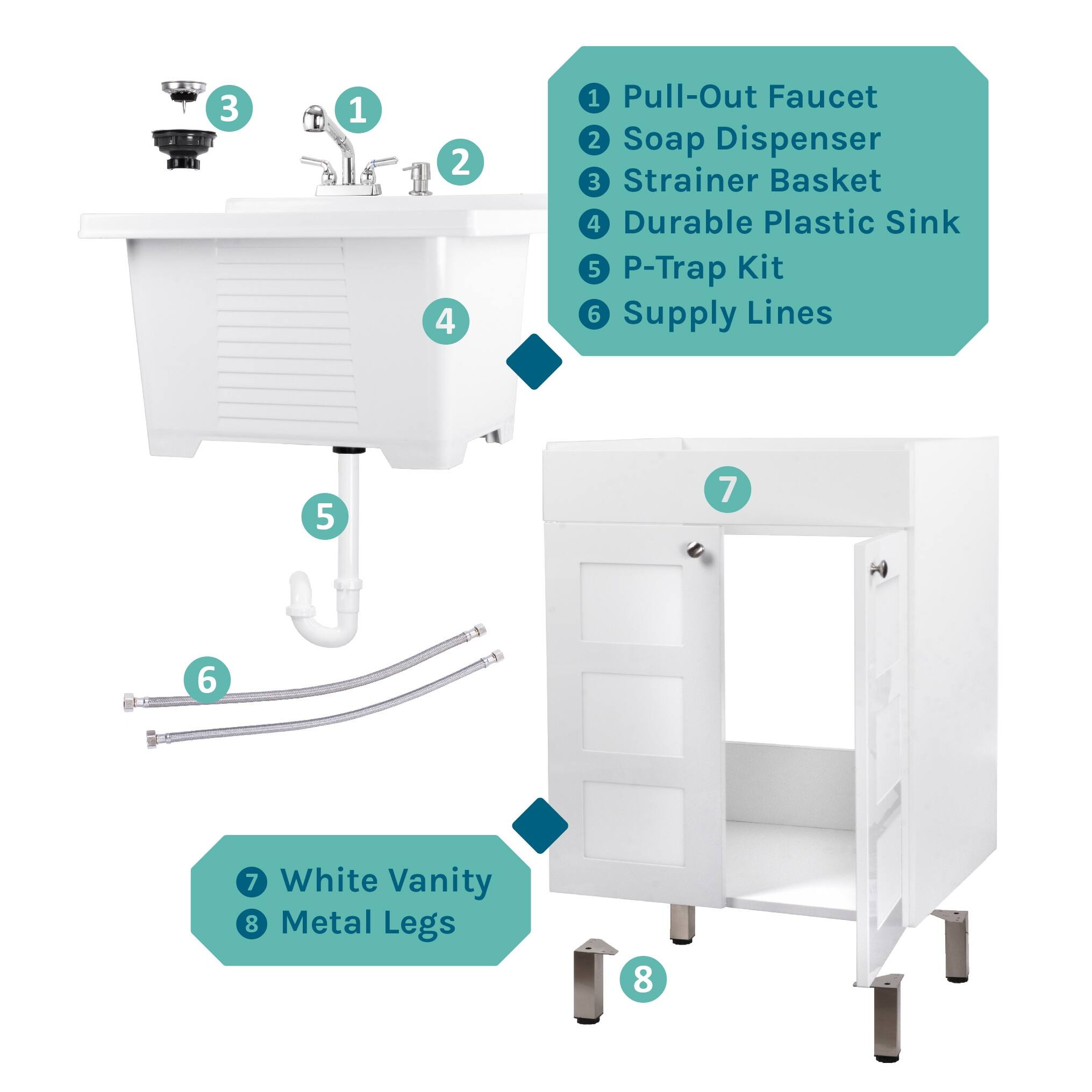 TEHILA White Utility Sink Cabinet, Pull-out Faucet, Soap Dispenser