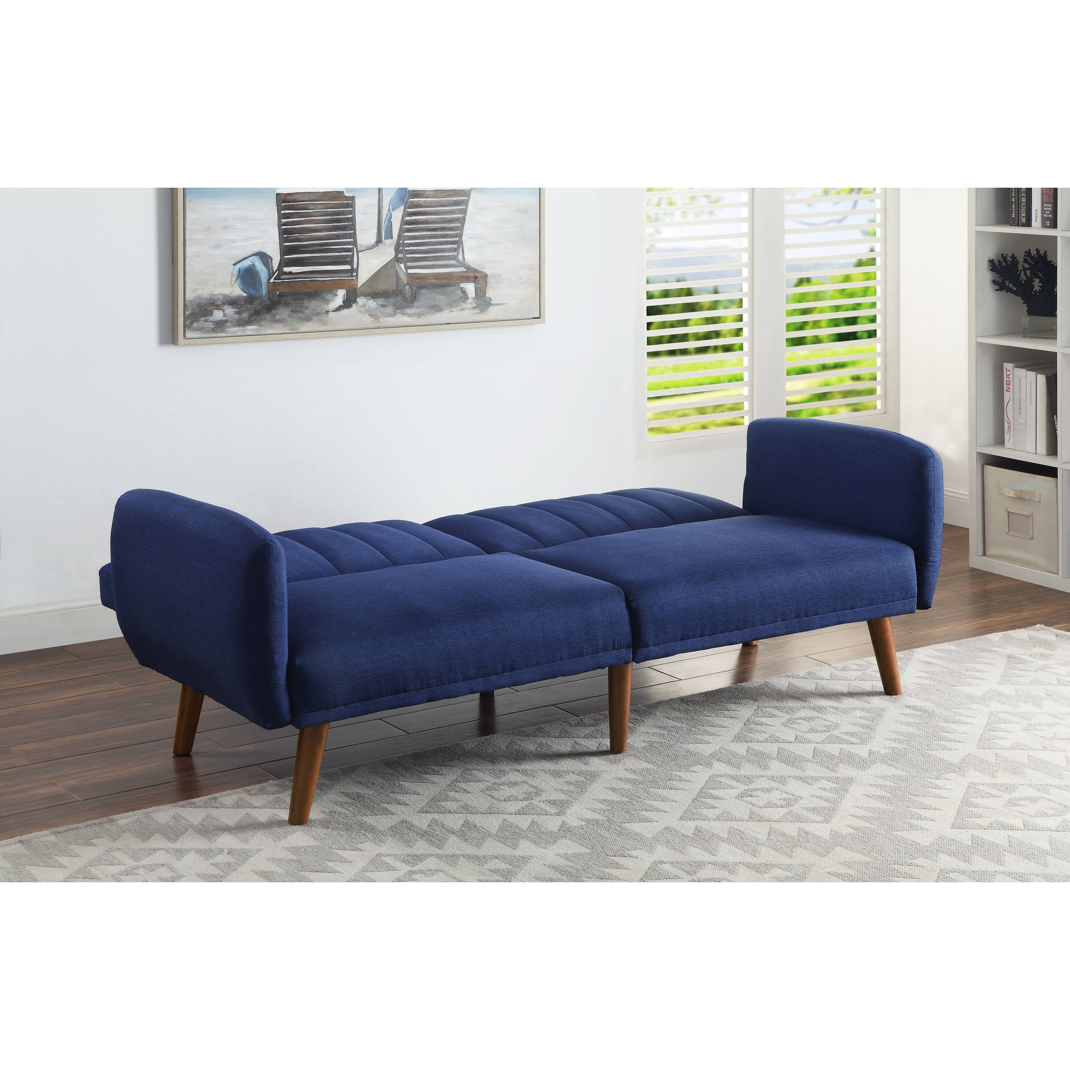 Modern Convertible Adjustable Sofa with Scrolled Arm 2 Seats Loveseat Walnut Finish Blue Linen