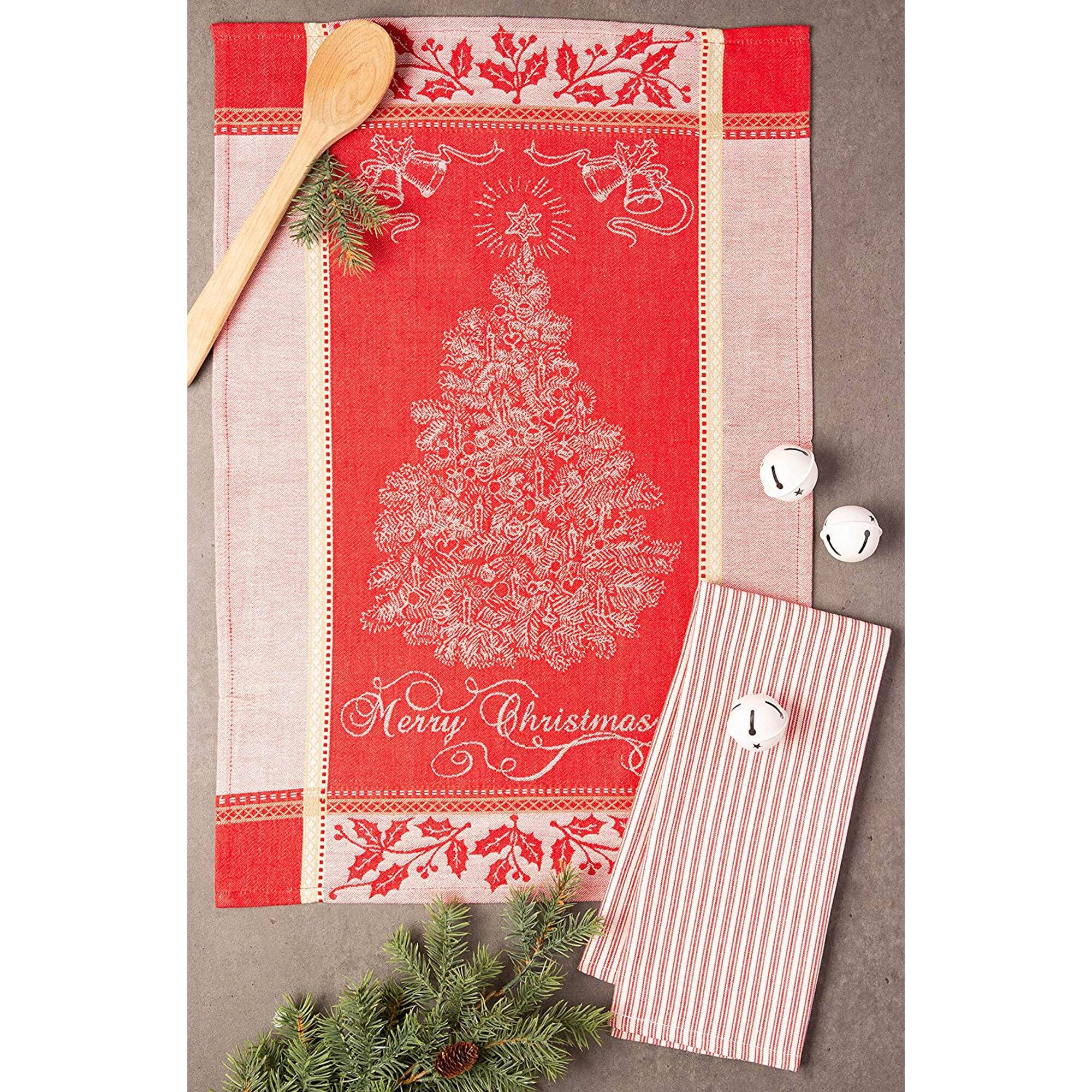 Set of 2 White Red Vintage Merry Christmas Rectangular Dishtowels 28"