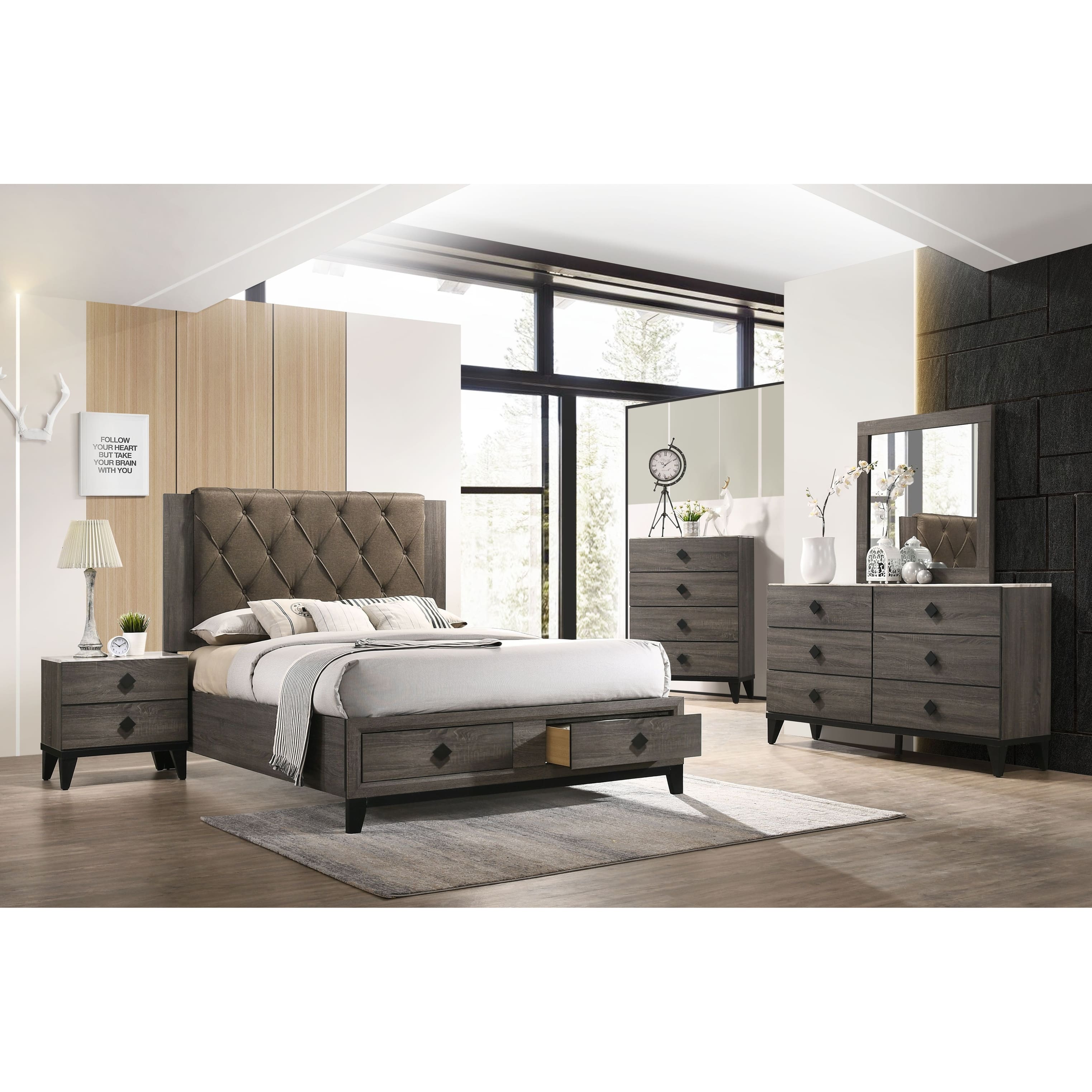 Avantika Eastern King Bed w/Storage, Fabric & Rustic Gray Oak, Tranditional Style, Storage Bed with 2 Drawers