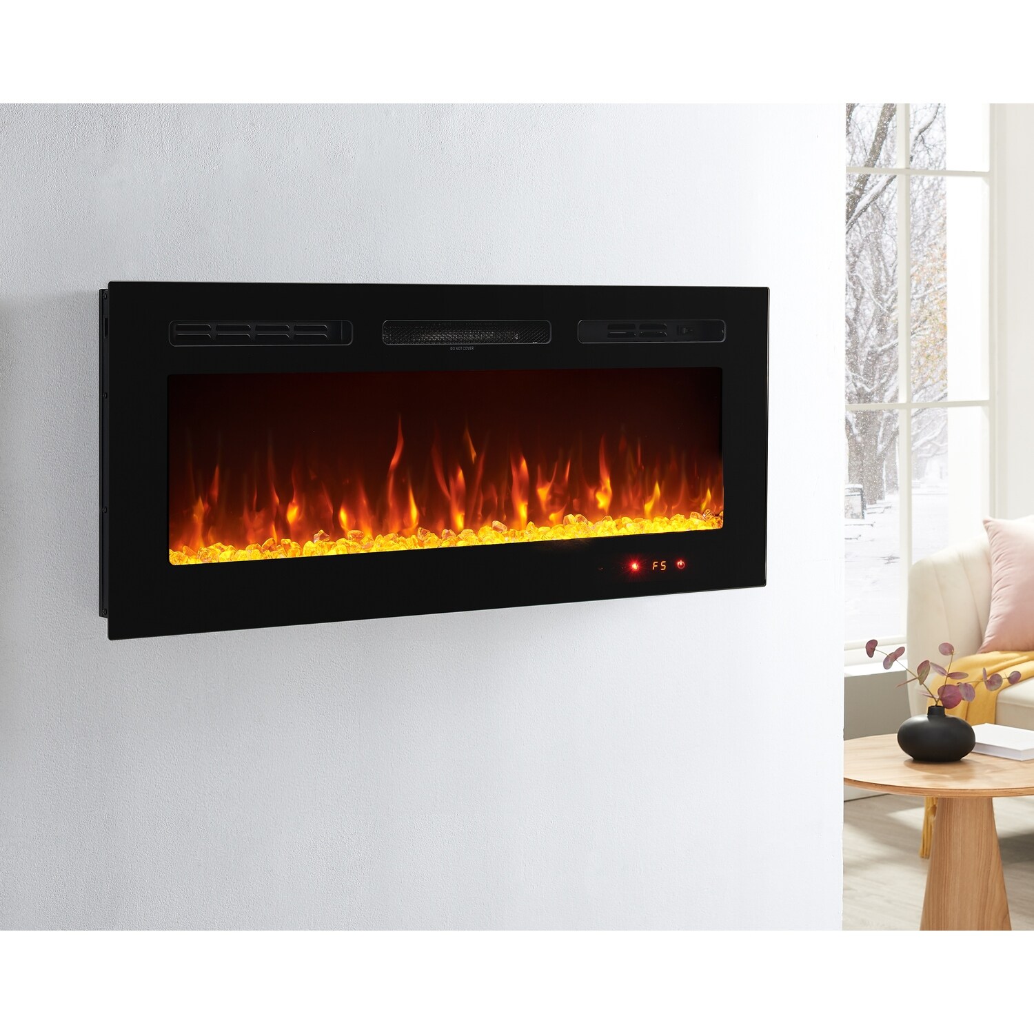 Electric Fireplace Recessed Wall Mount LED Fireplace with Log & Stone Effect 5 Brightness Levels 9 Flame Colors Remote Timer