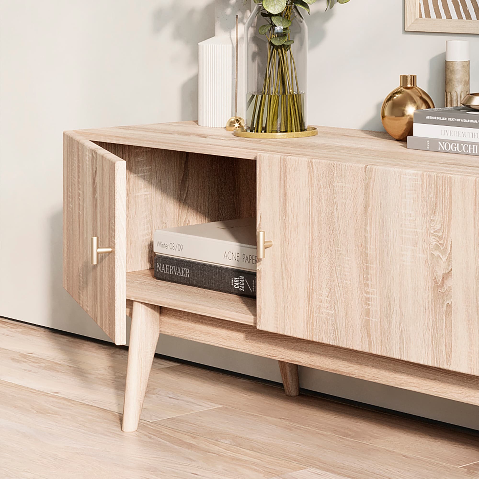 Living Skog Chelsea Brown TV Stand Fits for TV's up to 65 in. with Slatted Design and Wood Legs