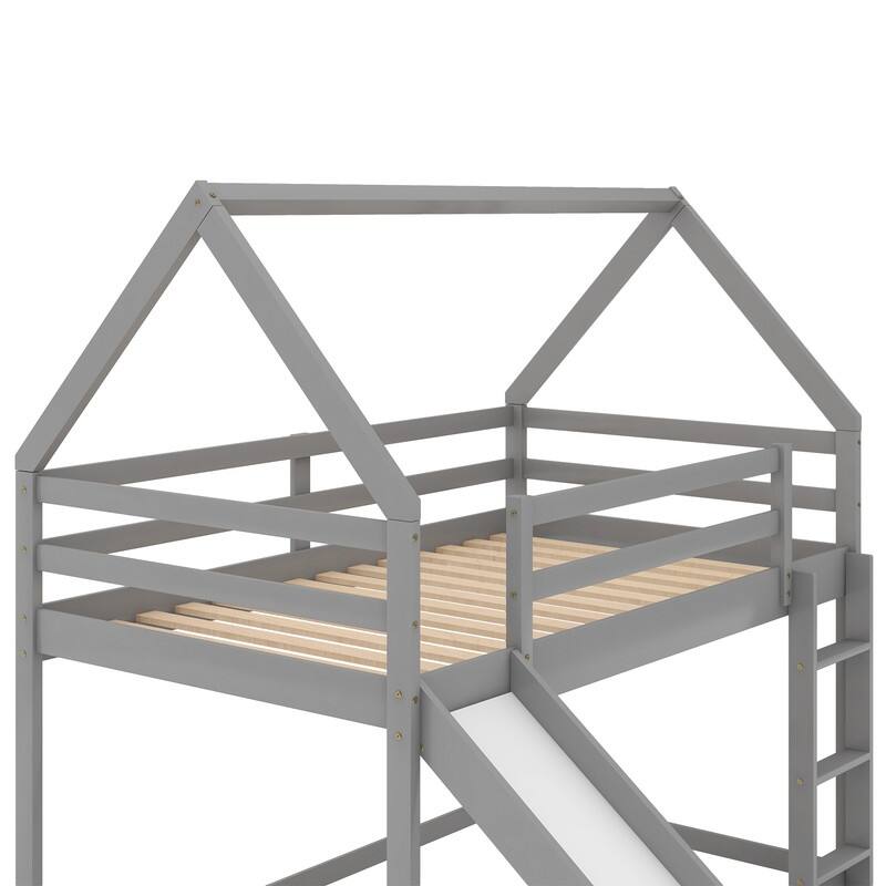 Wooden Twin Size Bunk House Bed with slid and Ladder, Kids' Bed