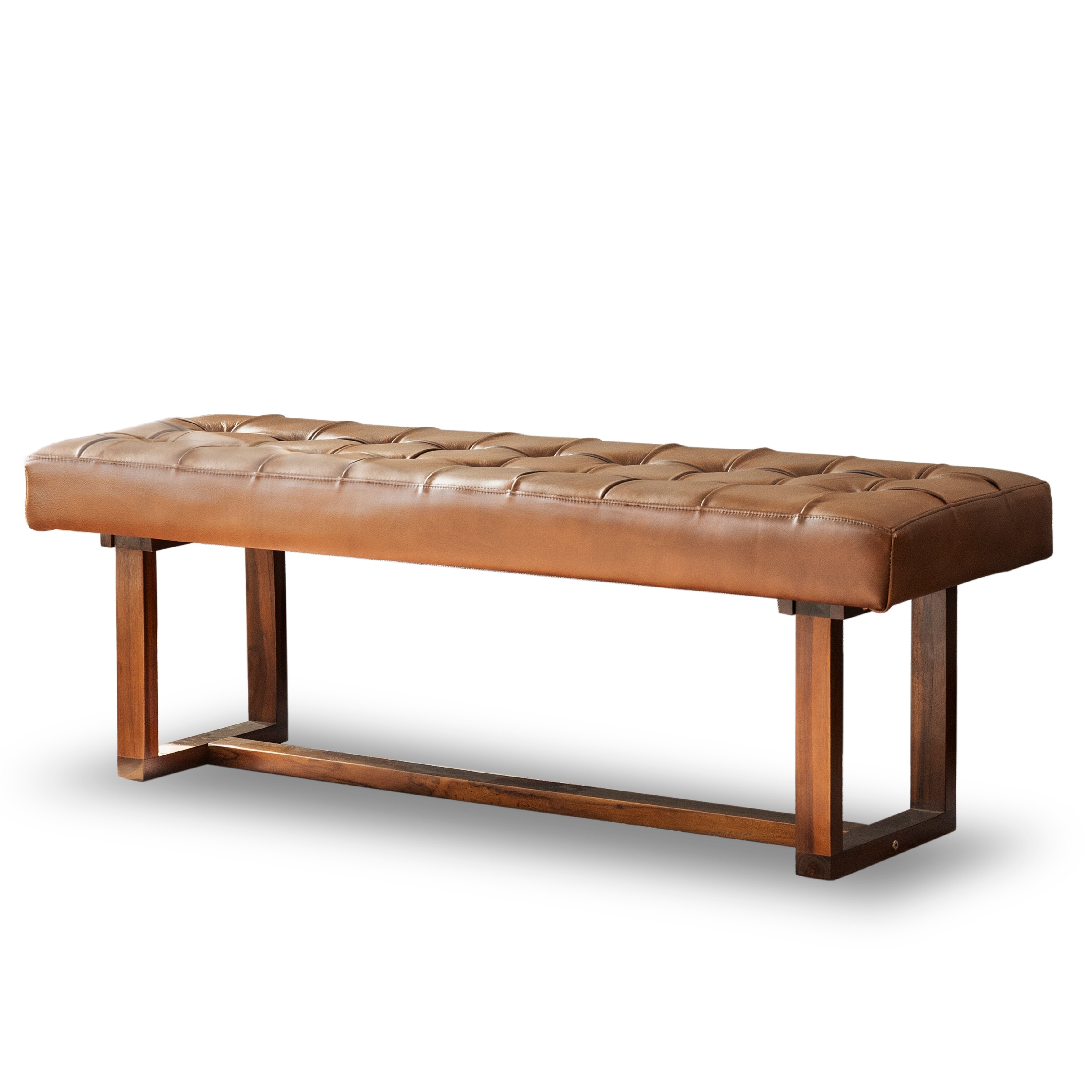 Sonia Mid-Century Tufted Rectangular Genuine Leather Bench in Tan