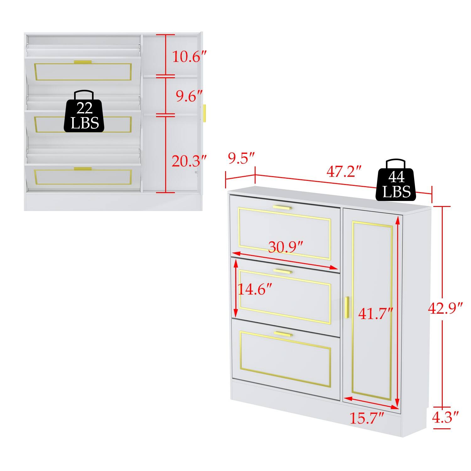 Black/White Gold 3-Drawer 1-Door Shoe Cabinet for Boot Chest Dresser